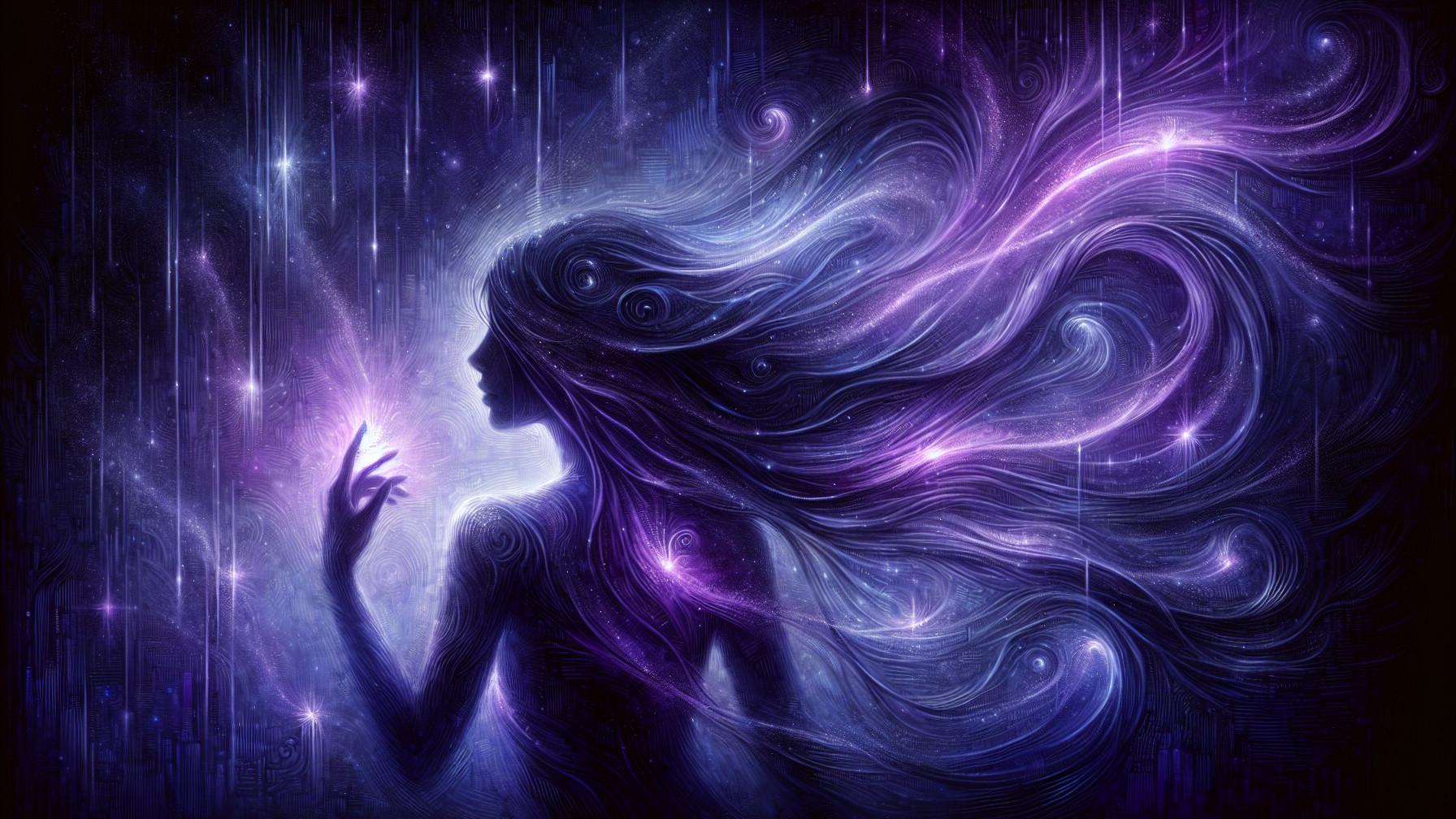 Mystical Woman Silhouette Against Cosmic Backdrop