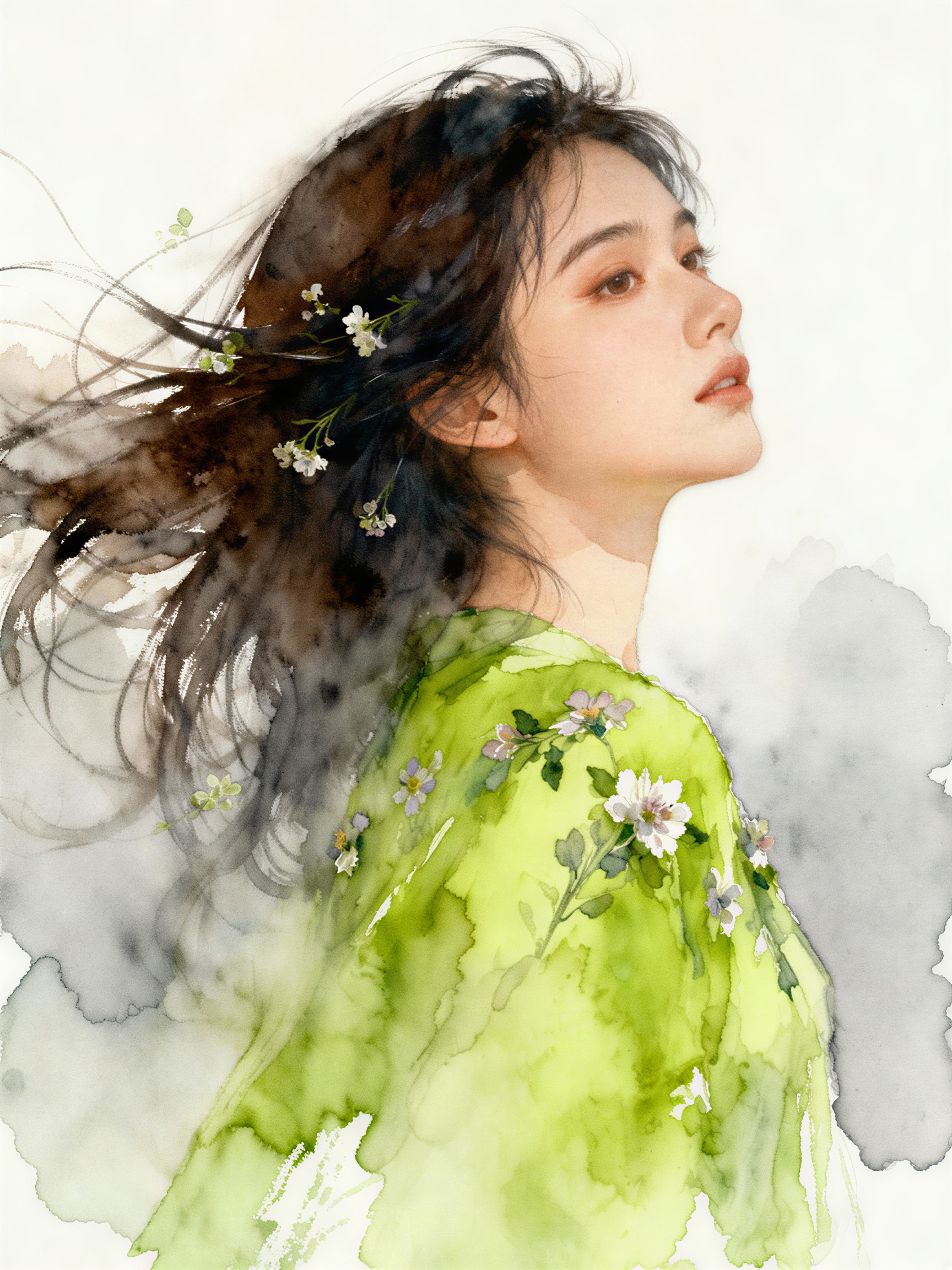 Watercolor Portrait of a Woman with Floral Accents