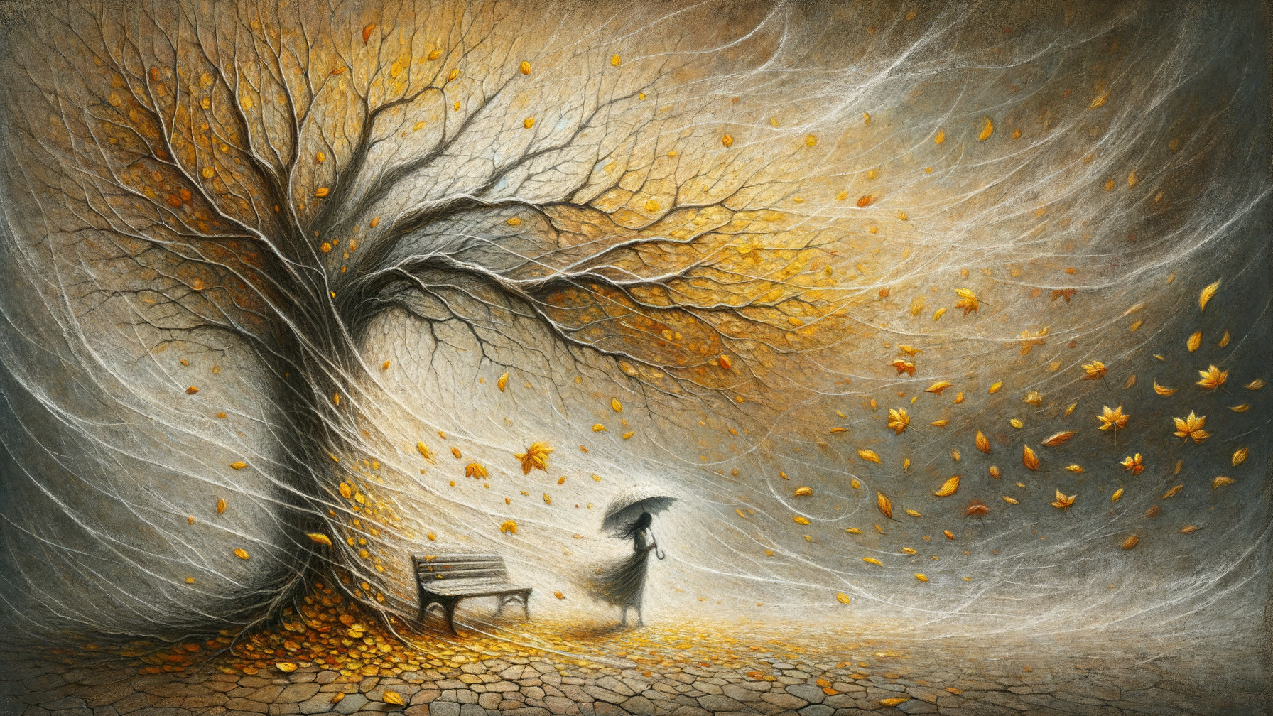 Whimsical Autumn Scene with Bare Tree and Umbrella