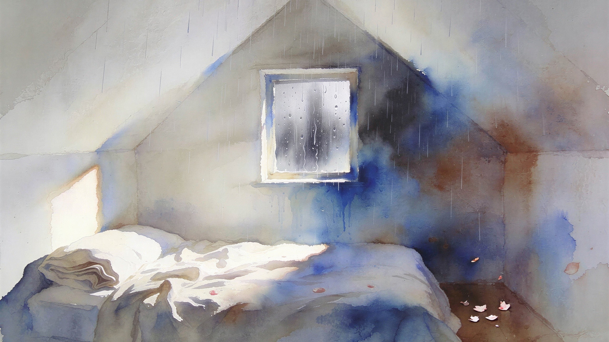 Watercolor Painting of a Minimalist Attic Room