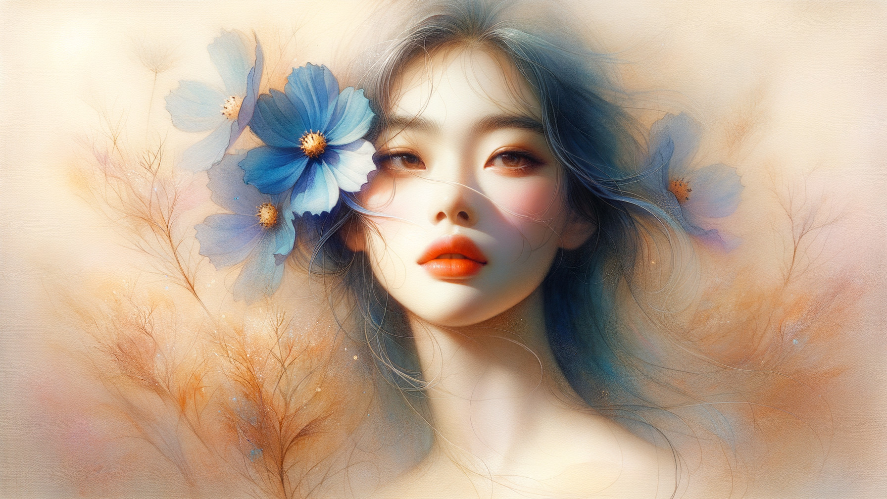 Dreamy Portrait of a Young Woman with Blue Flowers