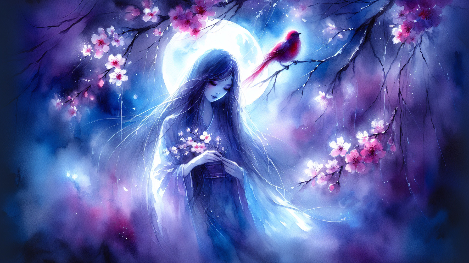 Ethereal figure in dreamy landscape with cherry blossoms