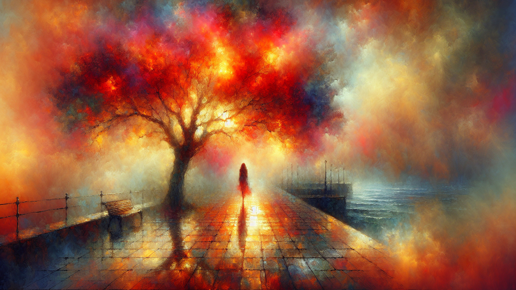 Impressionistic Scene of Vibrant Tree by Waterfront