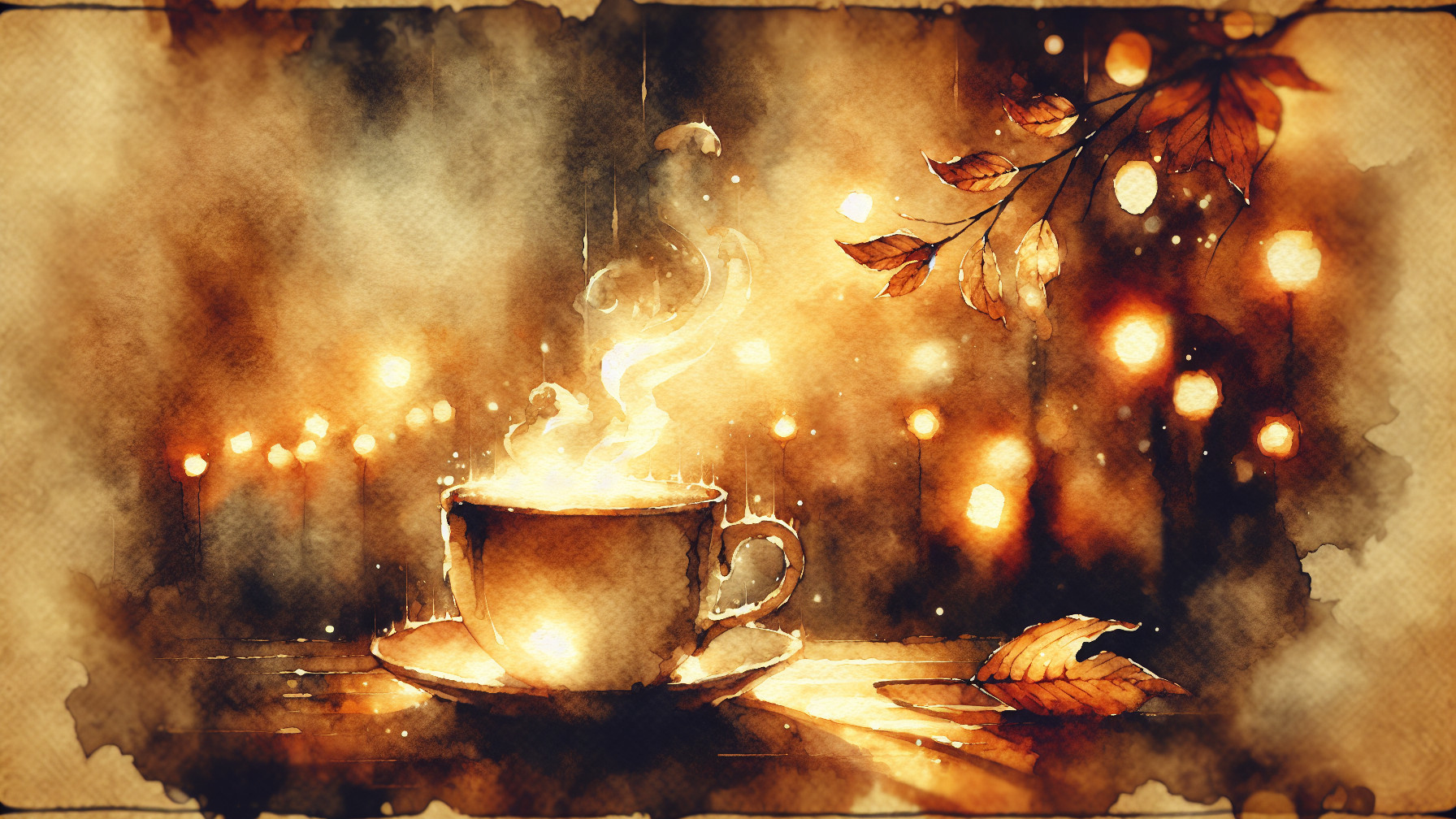 Cozy Coffee Scene with Autumn Leaves and Ambient Light