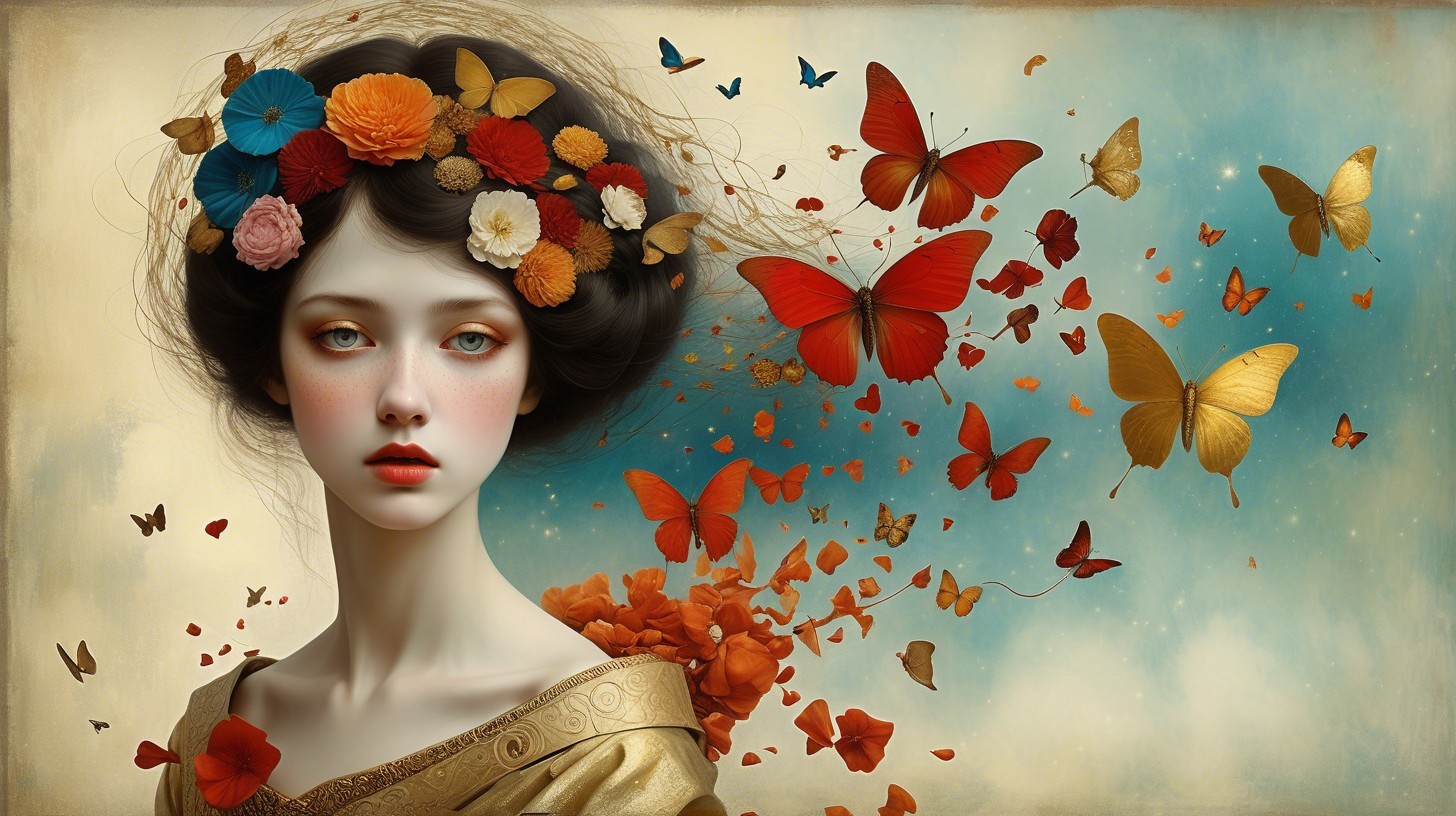 Ethereal Woman with Floral Crown and Butterflies
