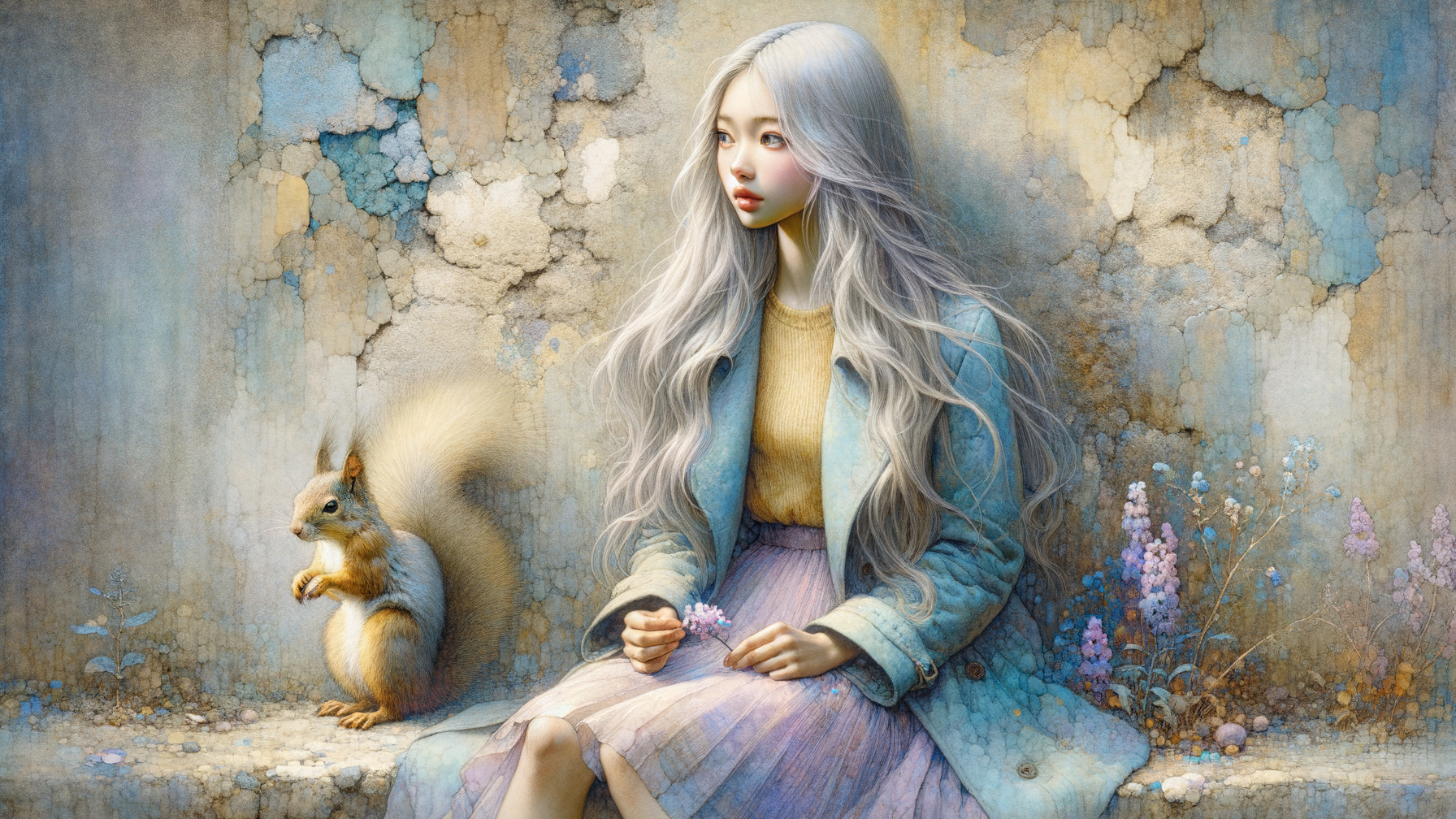 Whimsical Scene of a Woman with Silver Hair and Squirrel