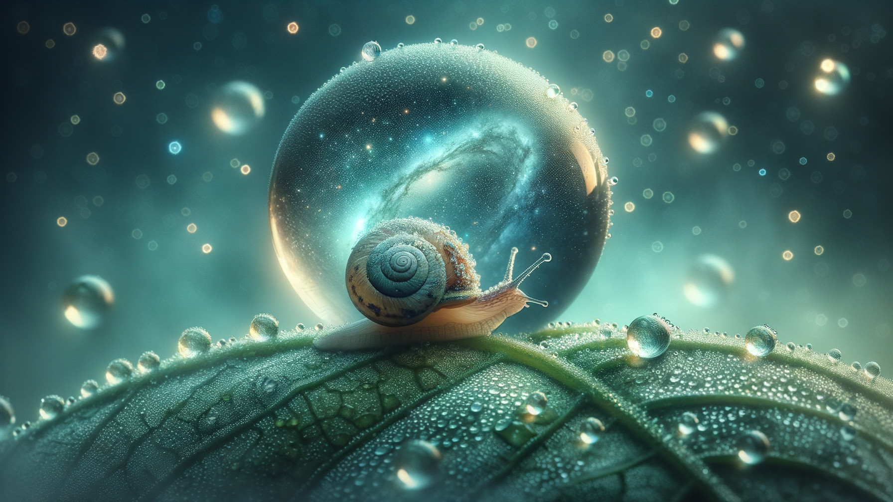 Snail on Leaf with Galaxy Bubble in Dreamy Scene