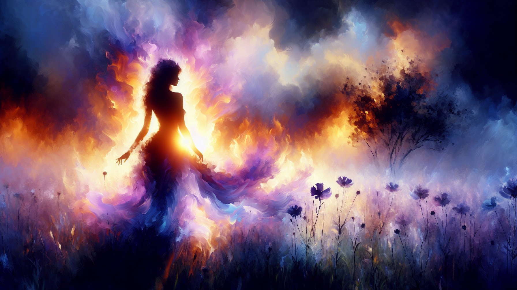 Silhouette Against Vibrant Swirling Background