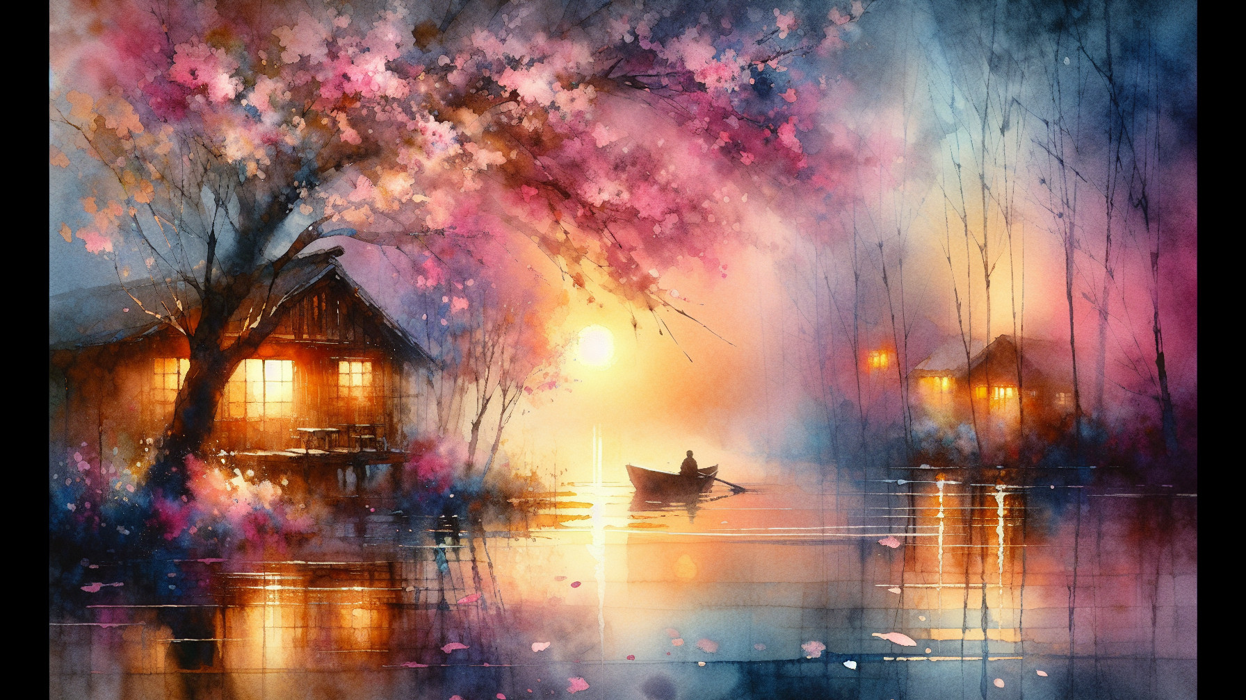 Watercolor Landscape of River at Sunset with Cabins