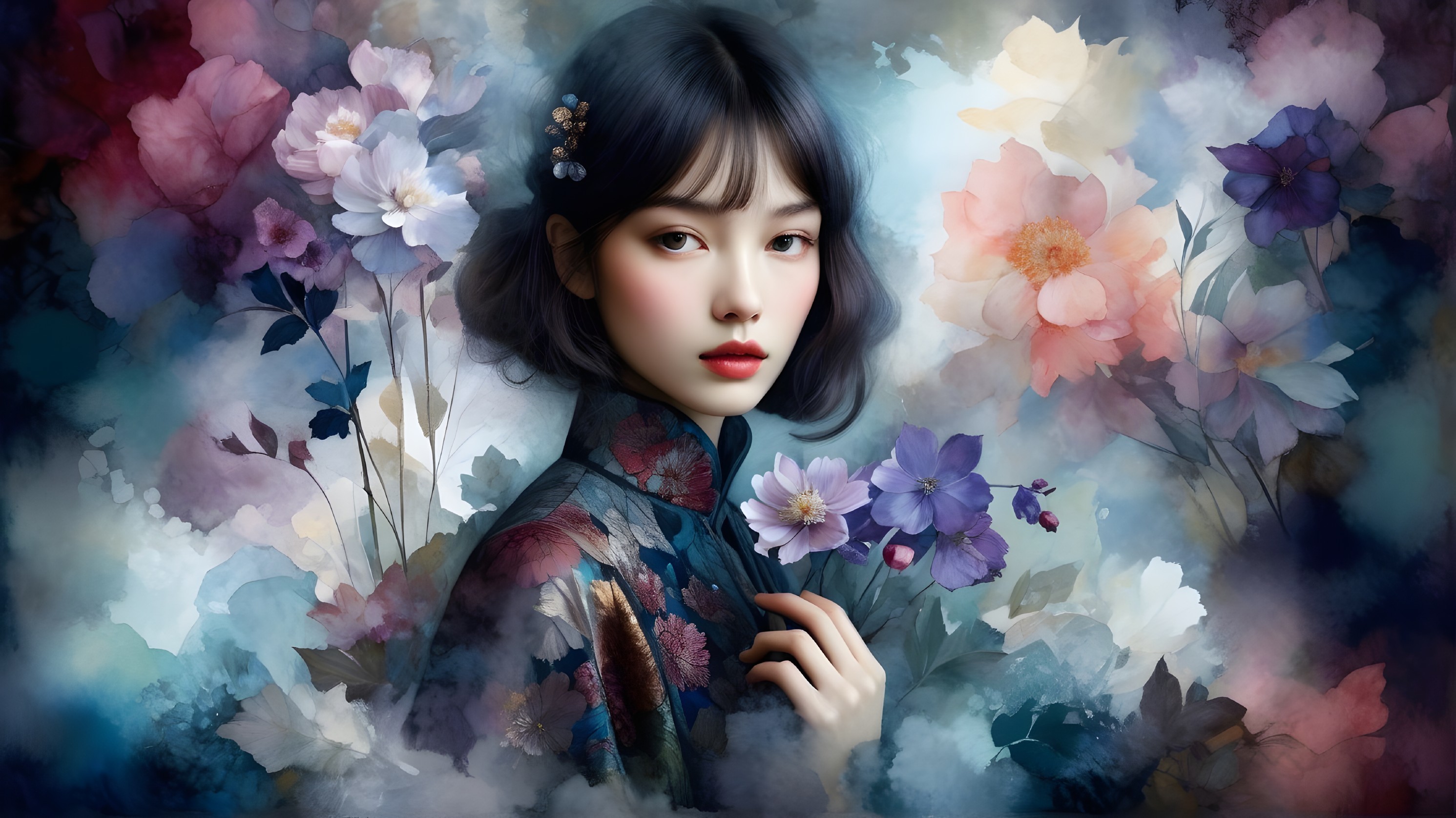 Young woman in floral garment amidst colorful flowers