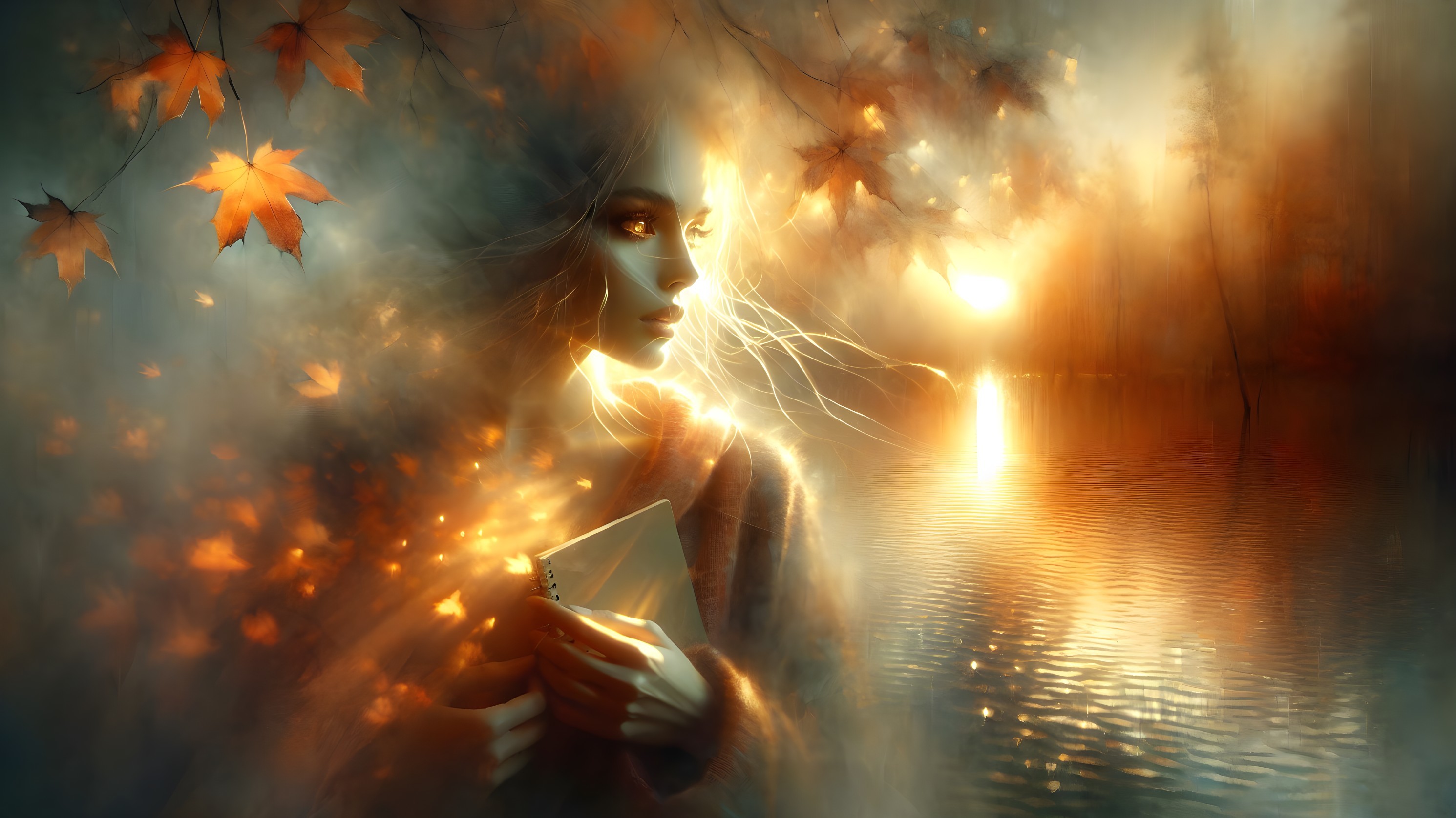 Serene Figure by Tranquil Lake in Autumn Setting