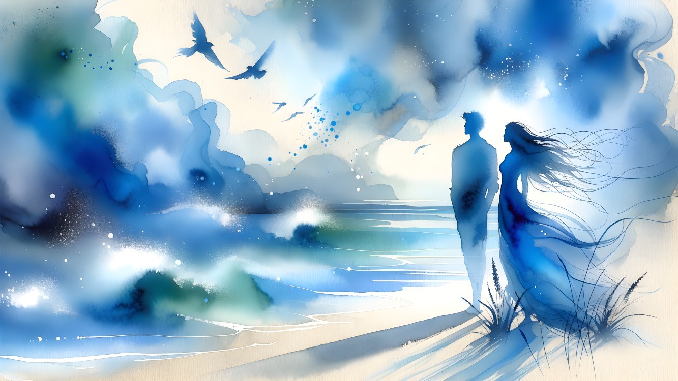 Watercolor Beach Scene with Couple Silhouette