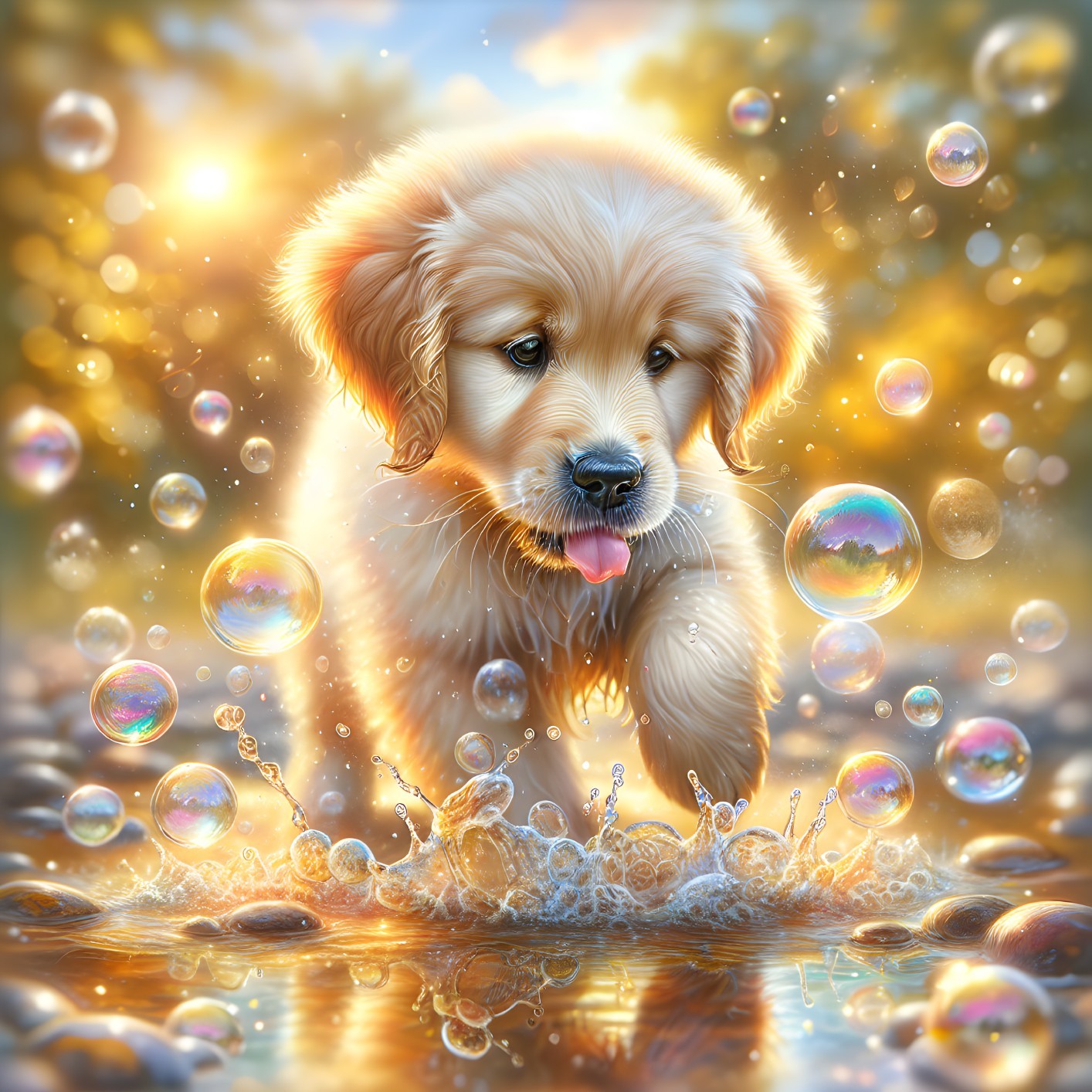 Golden Retriever Puppy Playing in Shallow Water