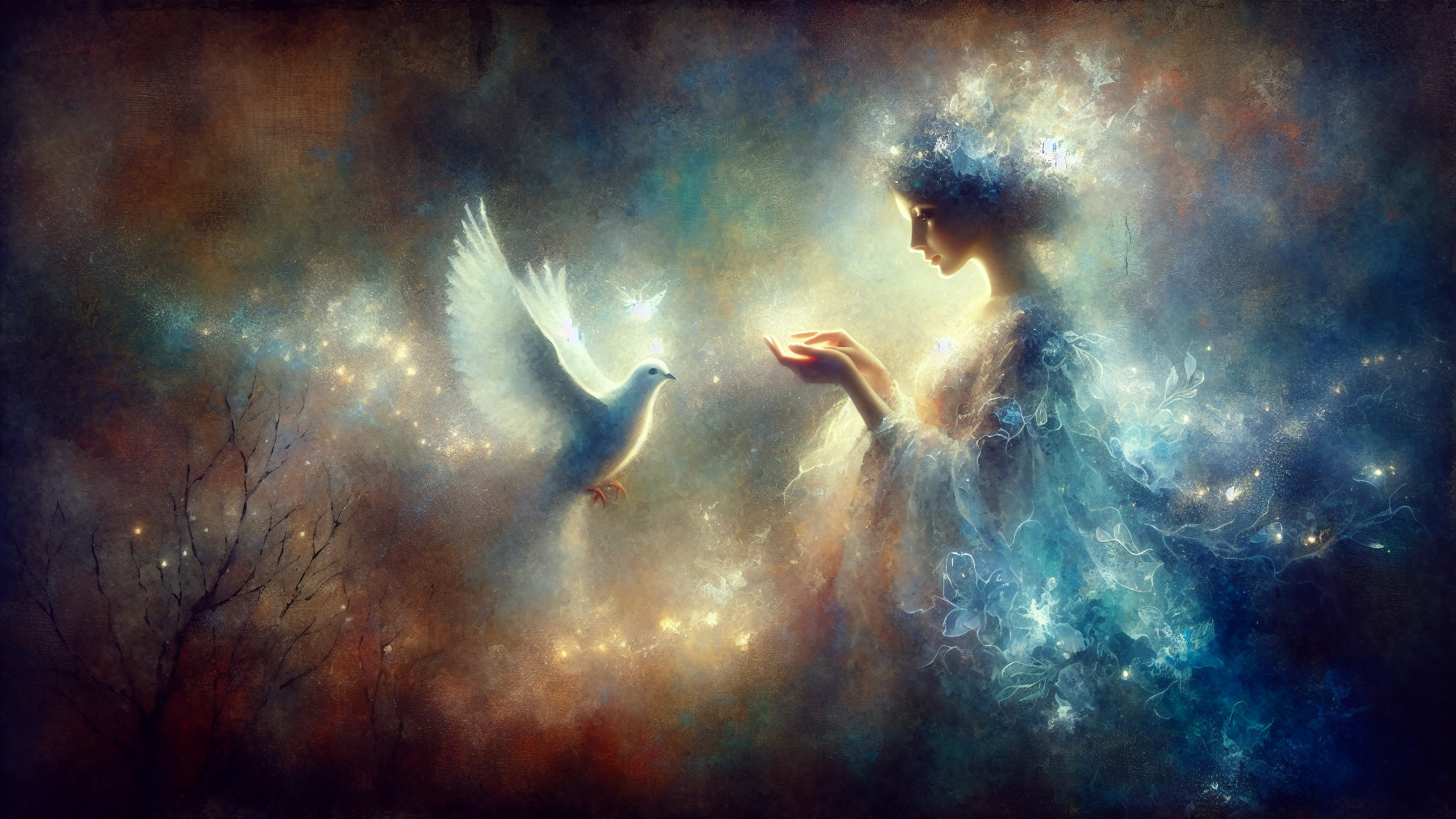 Ethereal Scene with Graceful Figure and Dove