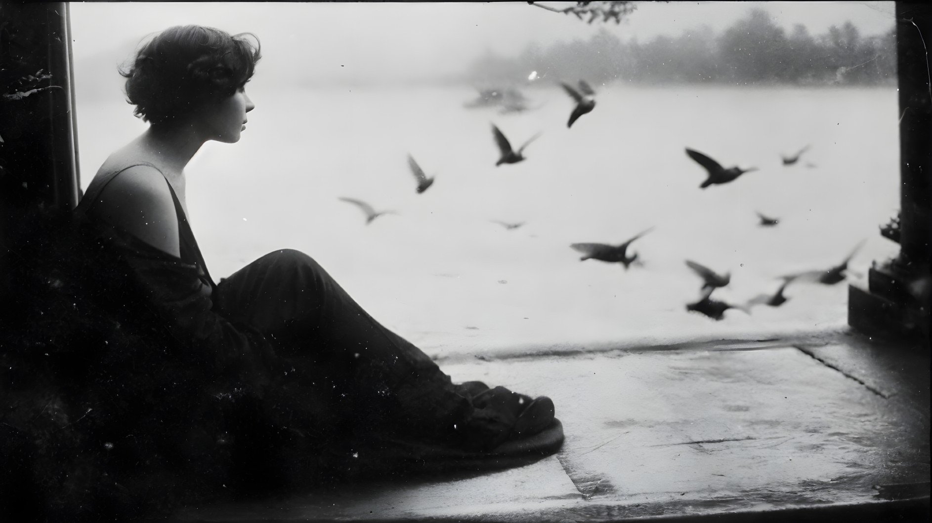 Melancholic lakeside scene with a thoughtful woman