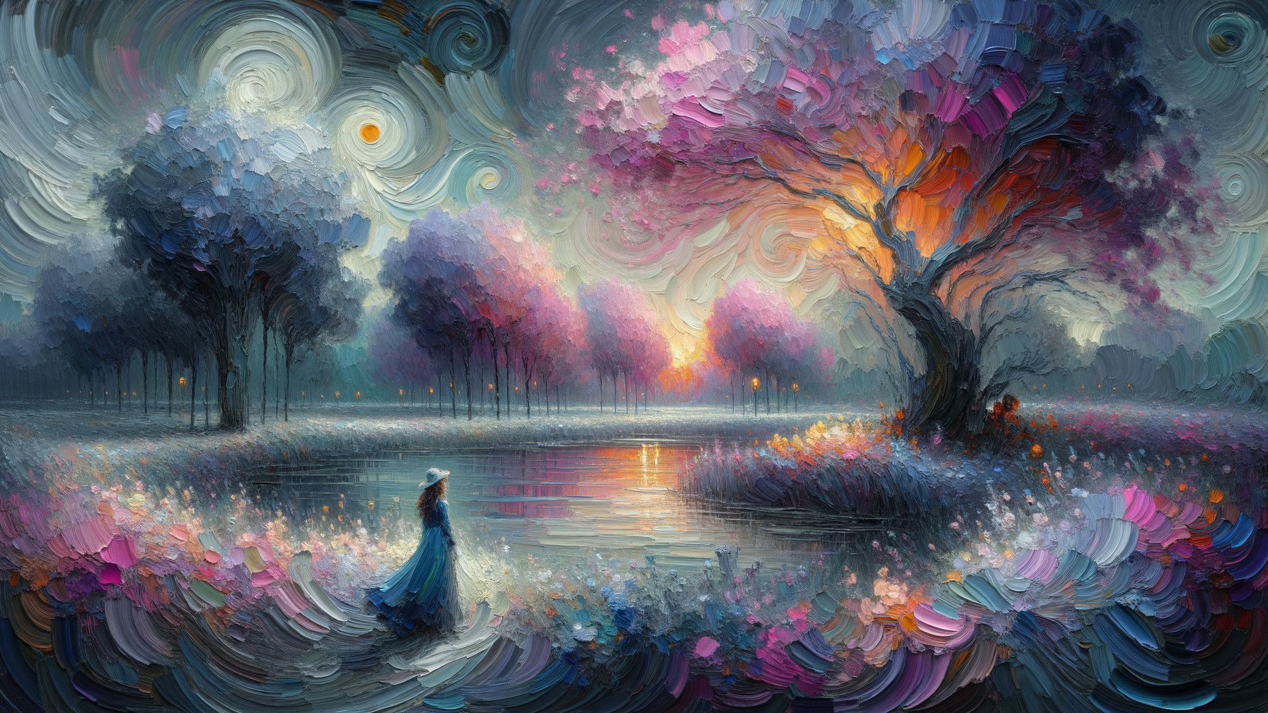 Serene Dusk Landscape with River and Blossoming Flowers