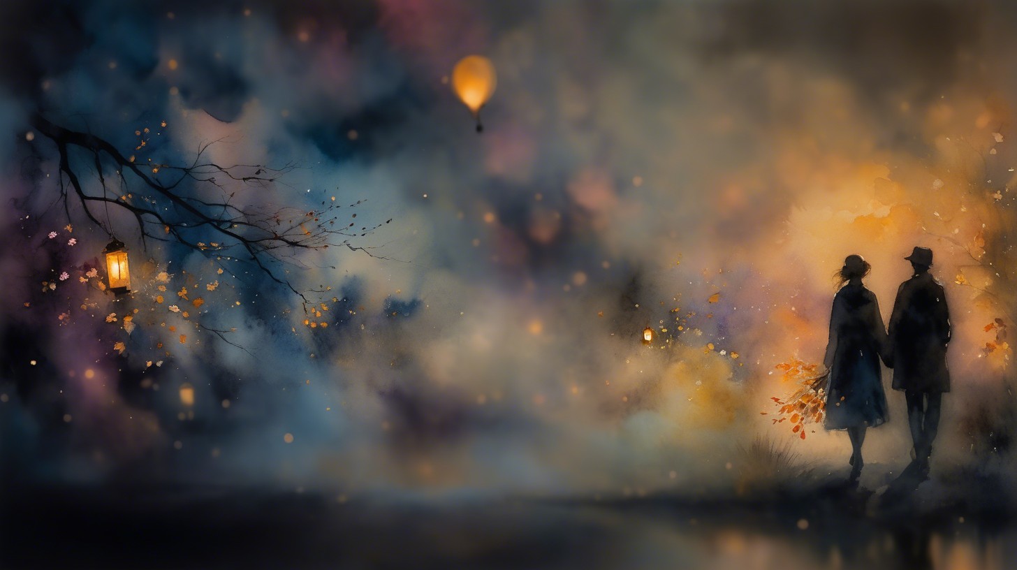 Couple Walking in Misty Autumn Scene with Lanterns