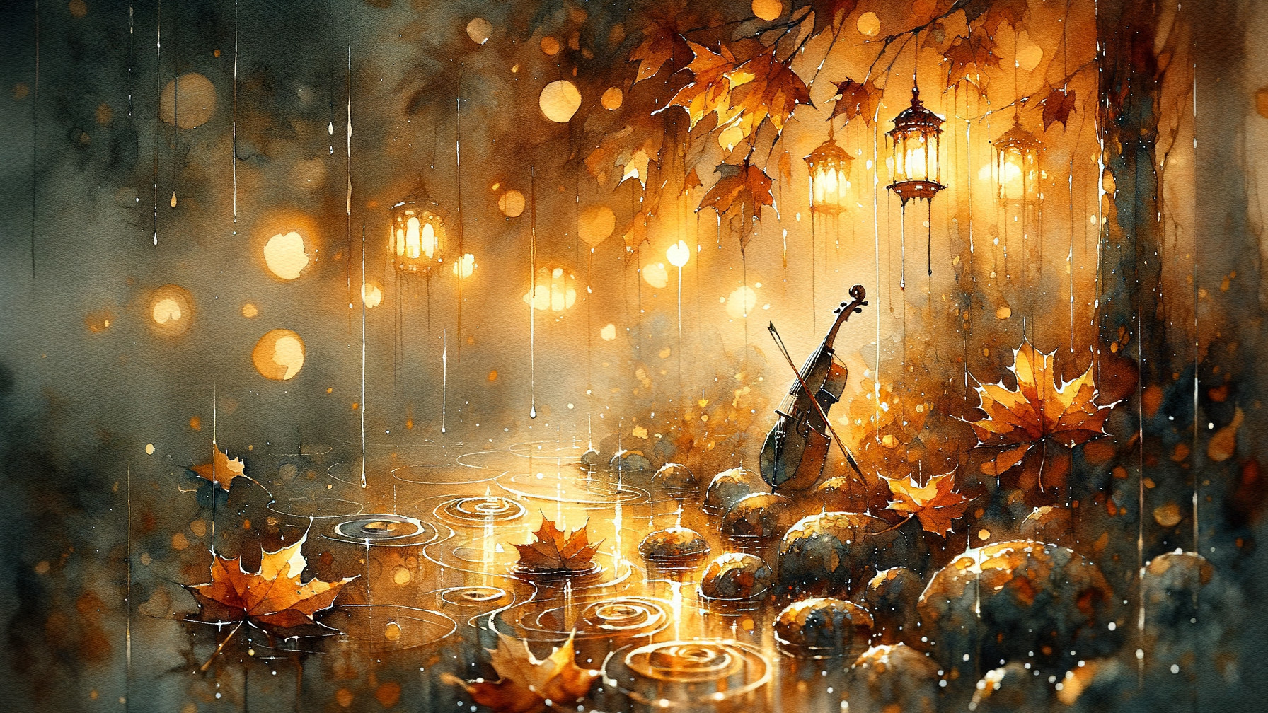 Autumn Landscape with Leaves, Stream, and Lanterns