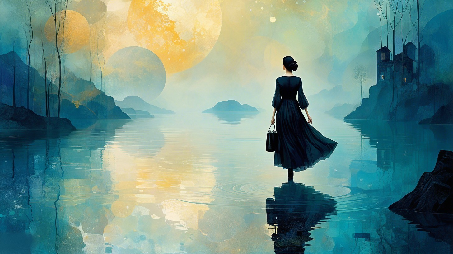 Woman in Black Dress by Serene Lake at Dusk