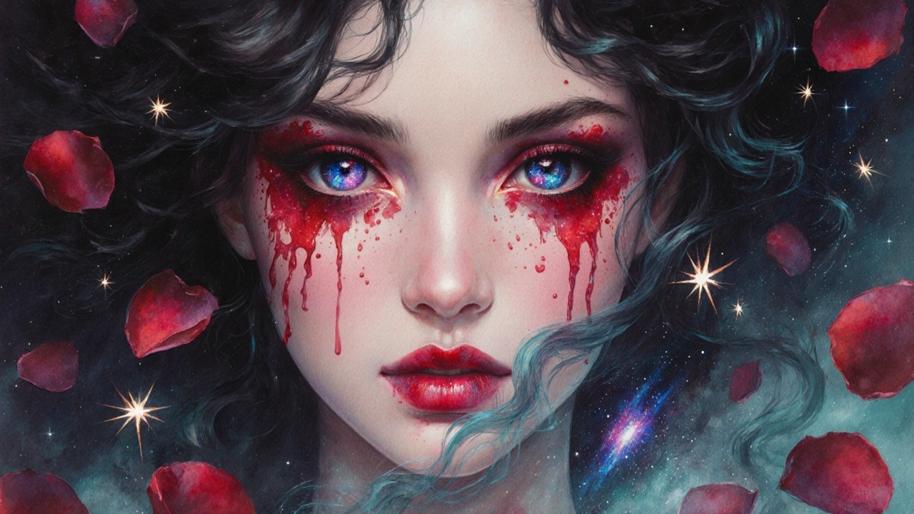 Young woman with blue eyes and crimson tears in galaxy