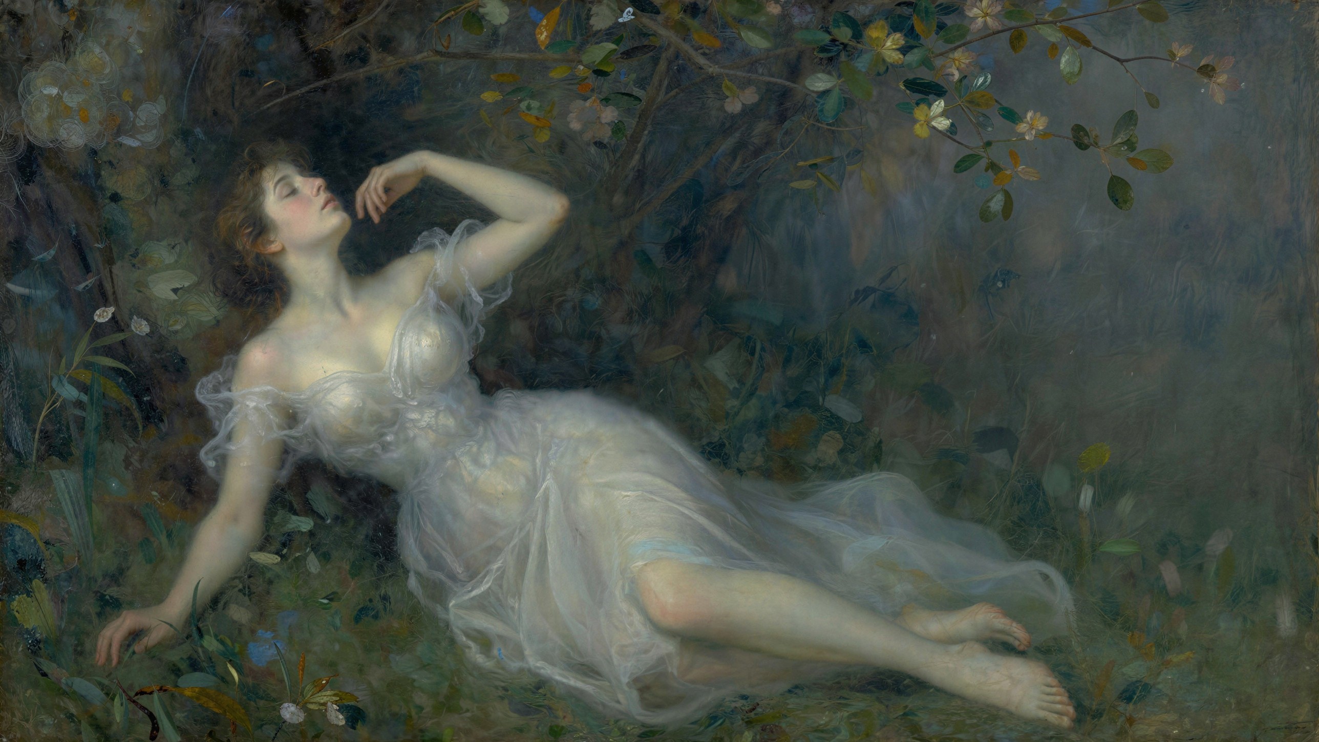 Oil Painting of Woman in Dreamlike Forest Setting