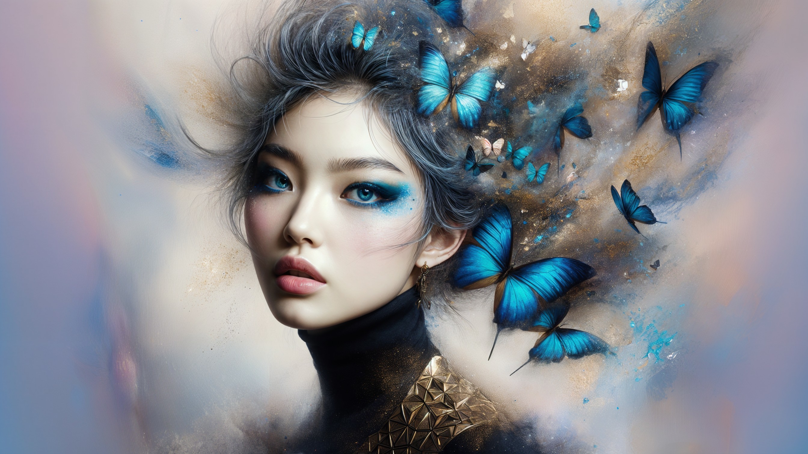 Woman with Blue Eyes and Butterflies in Abstract Setting