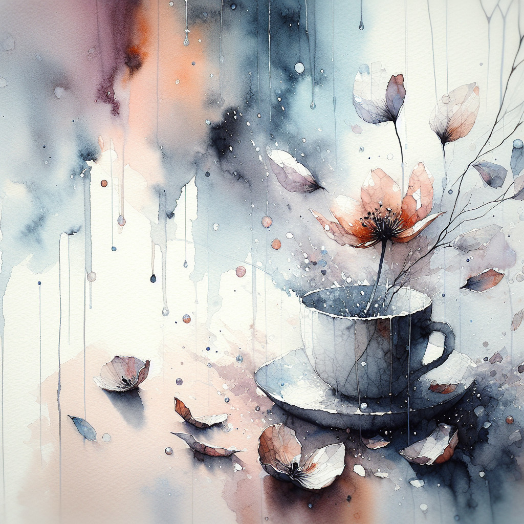 Watercolor Painting of Cup, Saucer, and Petals