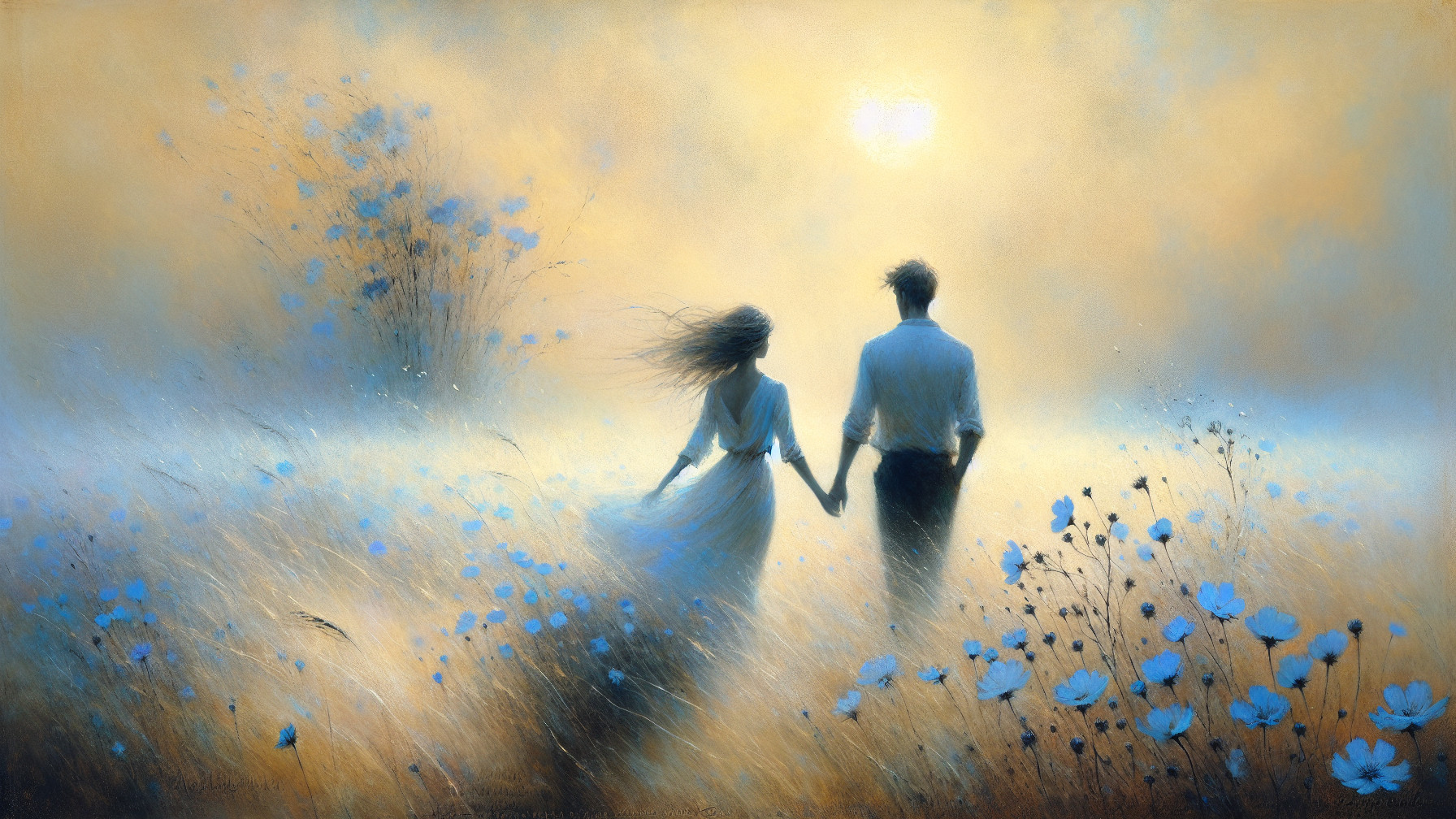 Couple Walking Through a Field of Blue Flowers