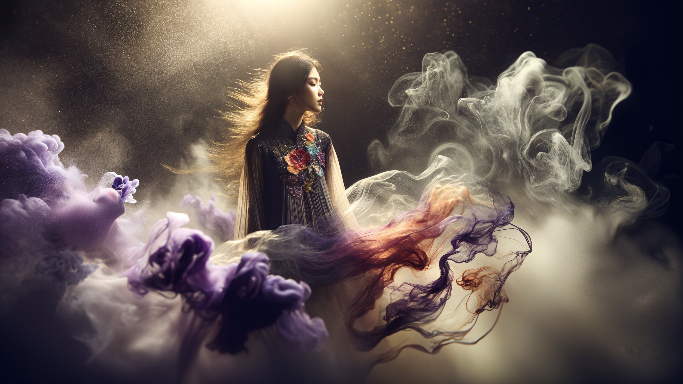 Ethereal figure in colorful smoke with floral patterns