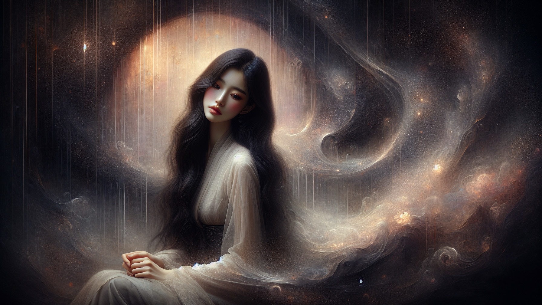Serene figure in cosmic backdrop with flowing hair