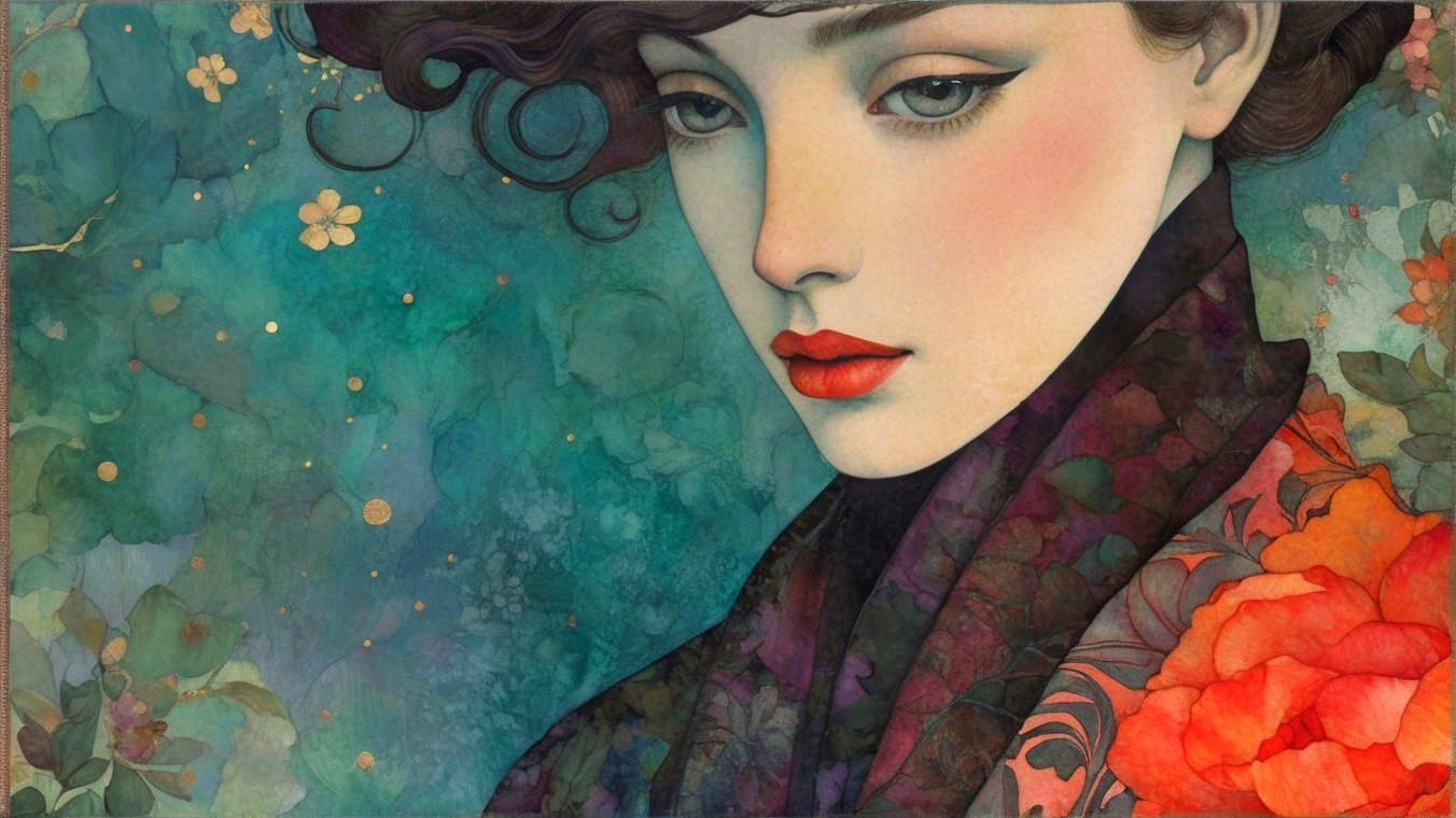 Illustration of a Woman with Red Lips and Floral Elements