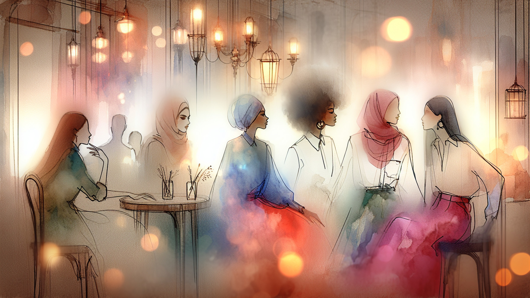 Artistic portrayal of six women in a cozy café