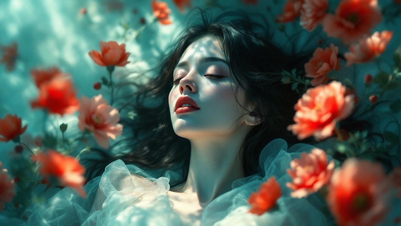 Young Woman in Serene Setting with Flowers and Fabric