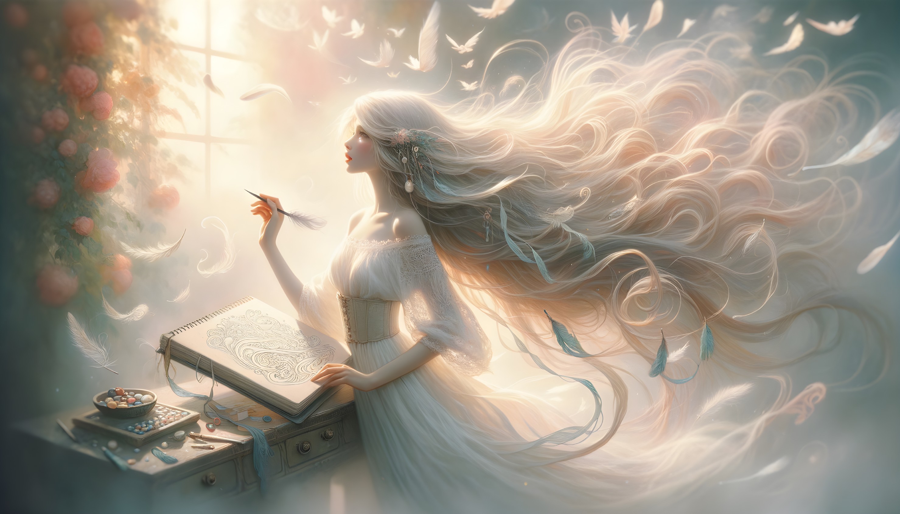 Serene Figure by Sunlit Window with Sketchbook