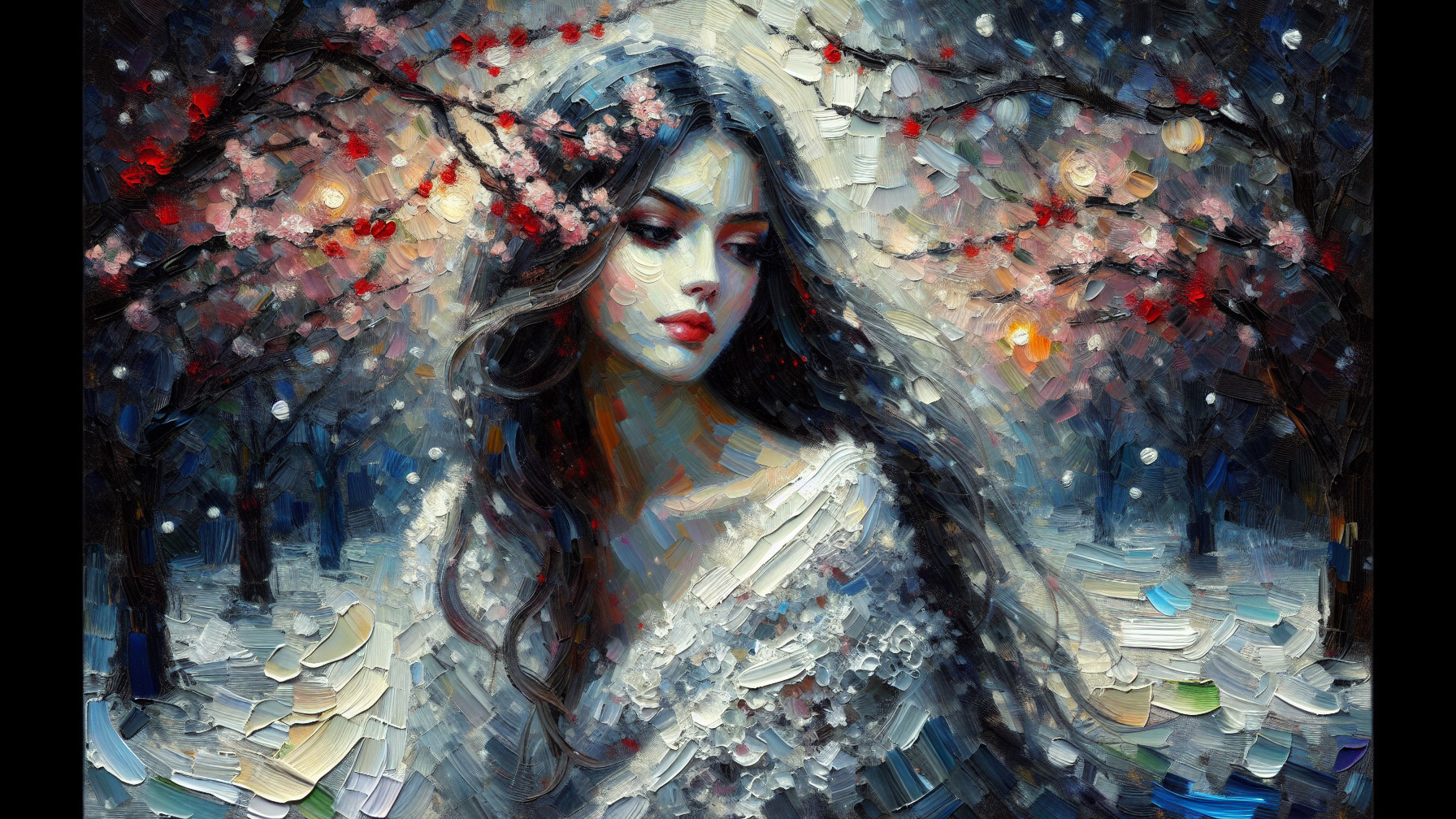 Impasto Oil Painting of Asian Woman in Winter Scene