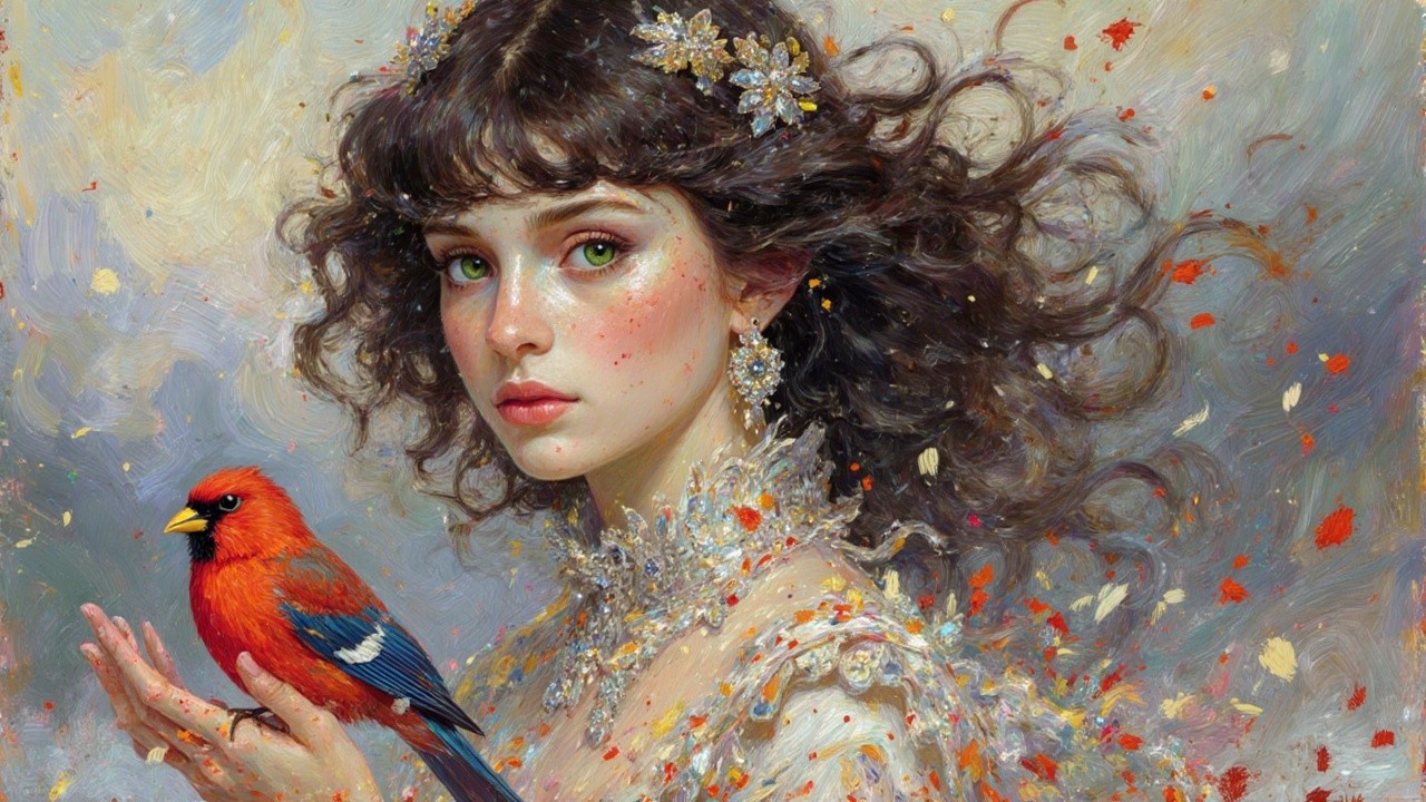 Young woman in gown with floral accents and bird