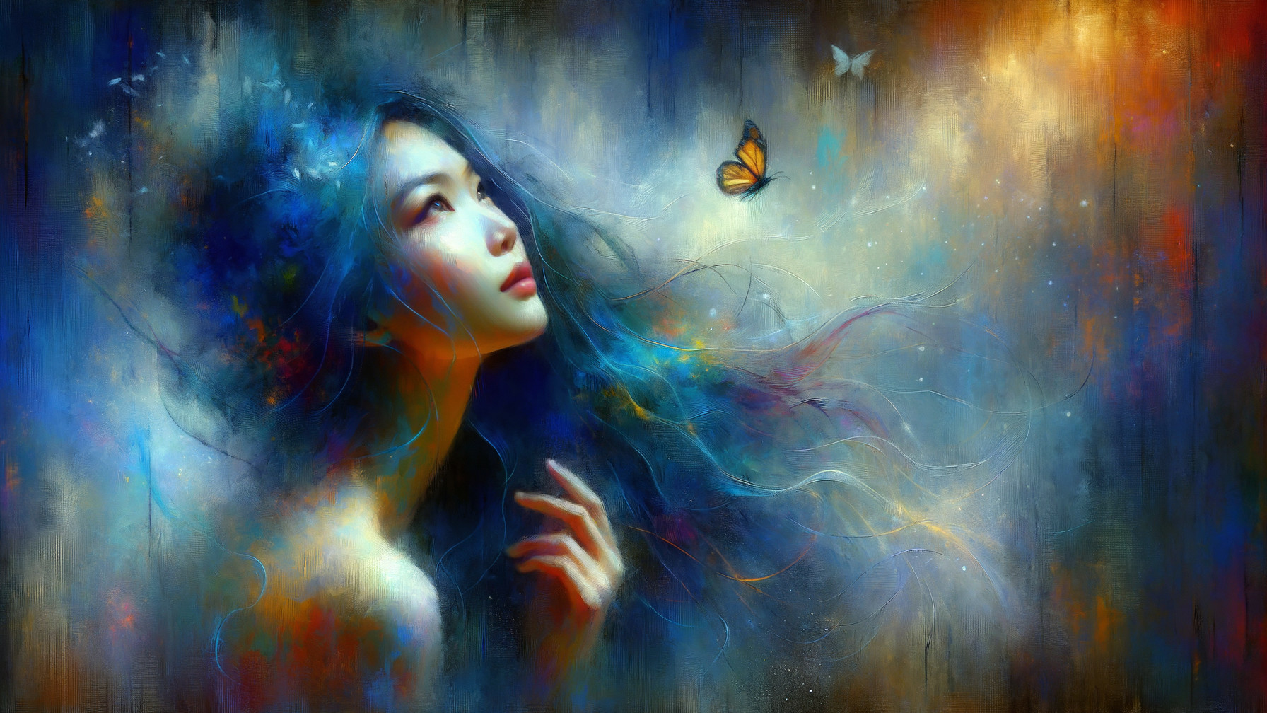Portrait of a woman with colorful hair and butterfly