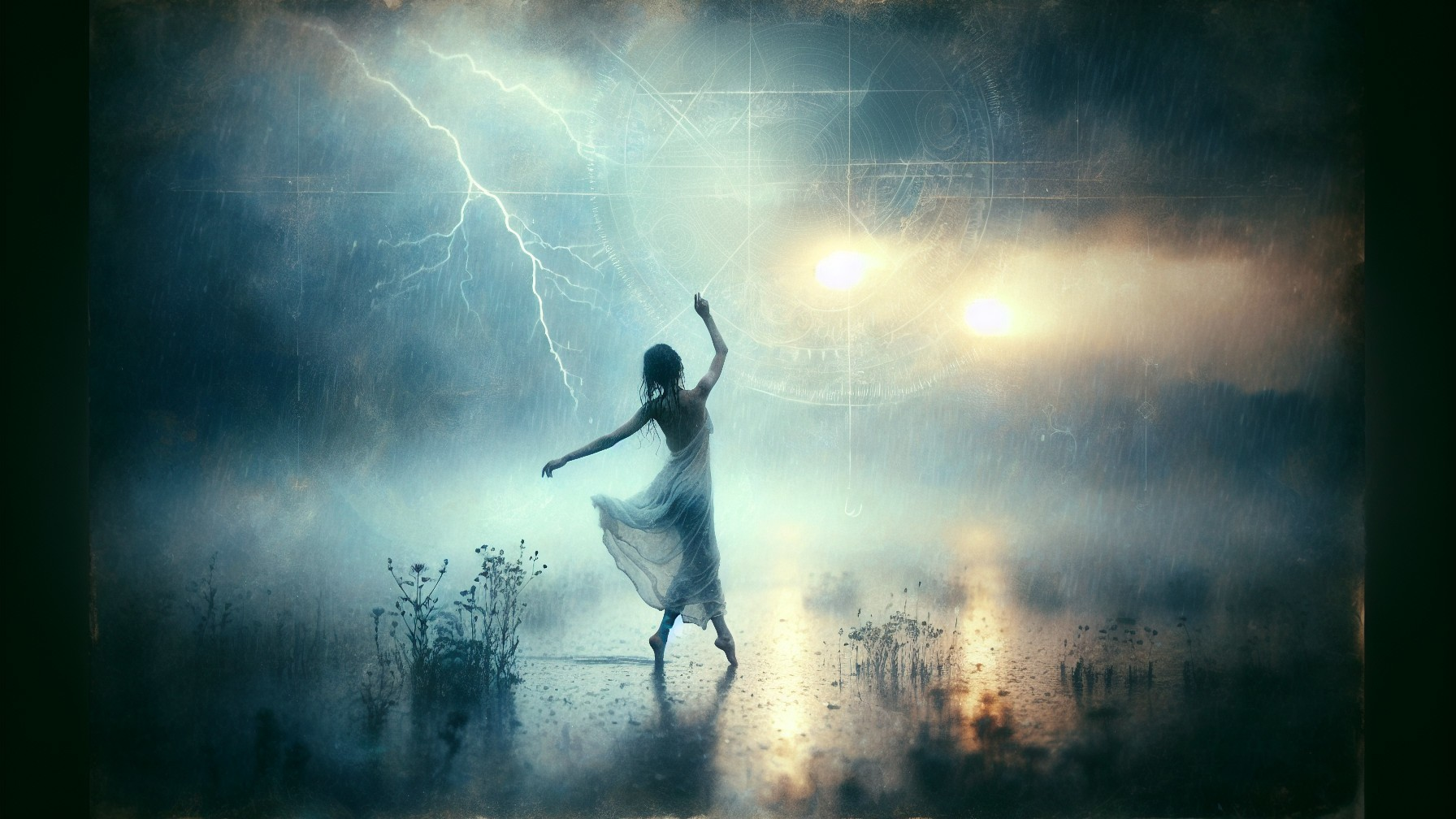 Silhouette of a Woman Dancing in a Stormy Landscape