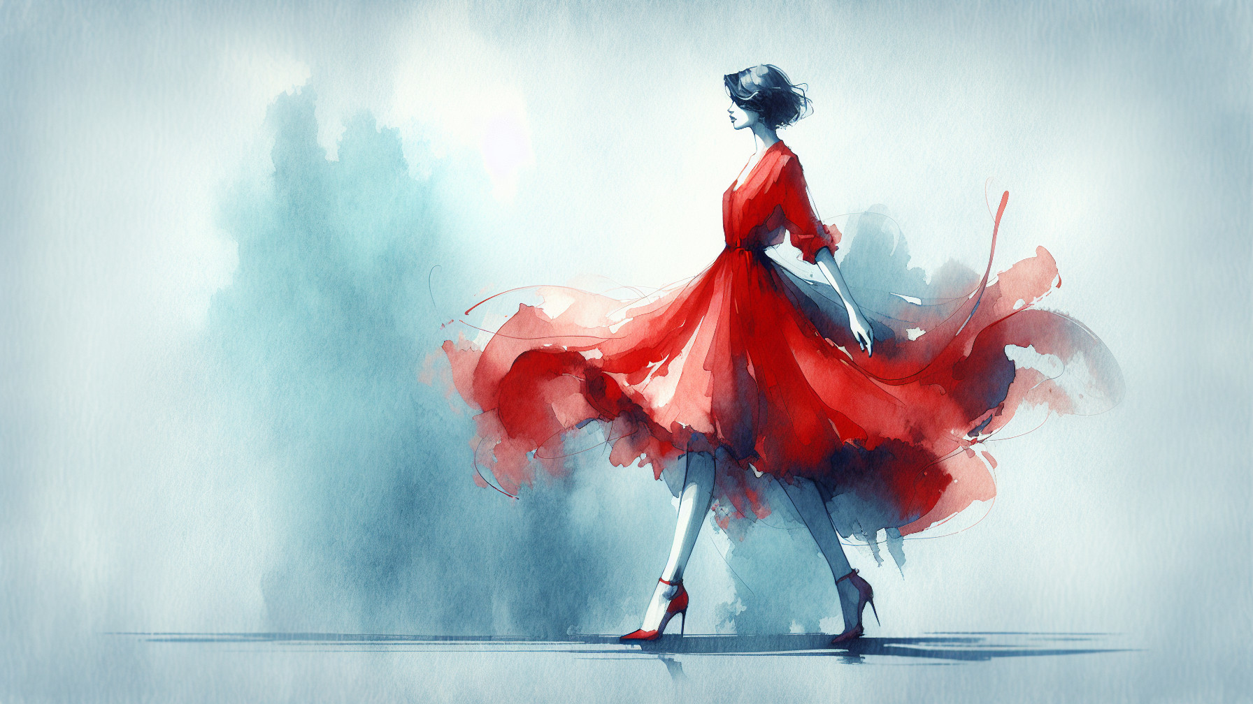 Watercolor Painting of Woman in Red Dress Walking