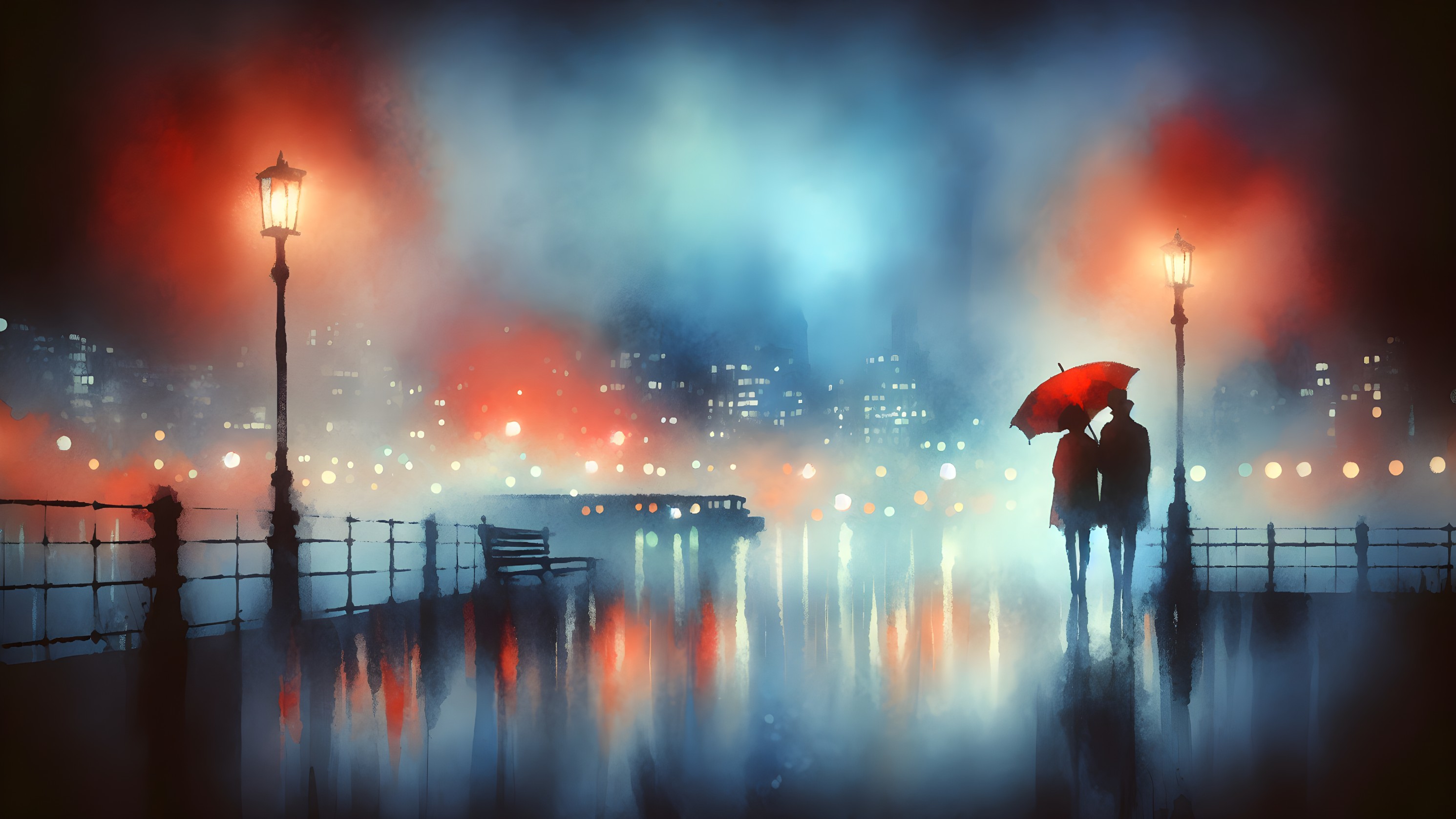 Misty Urban Scene with Figures Under Red Umbrella
