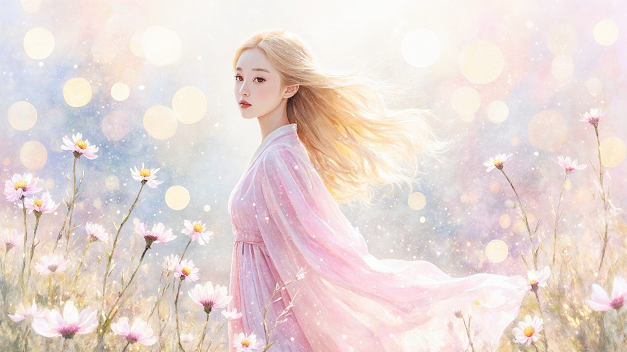 Young woman in pastel dress in blooming daisy field