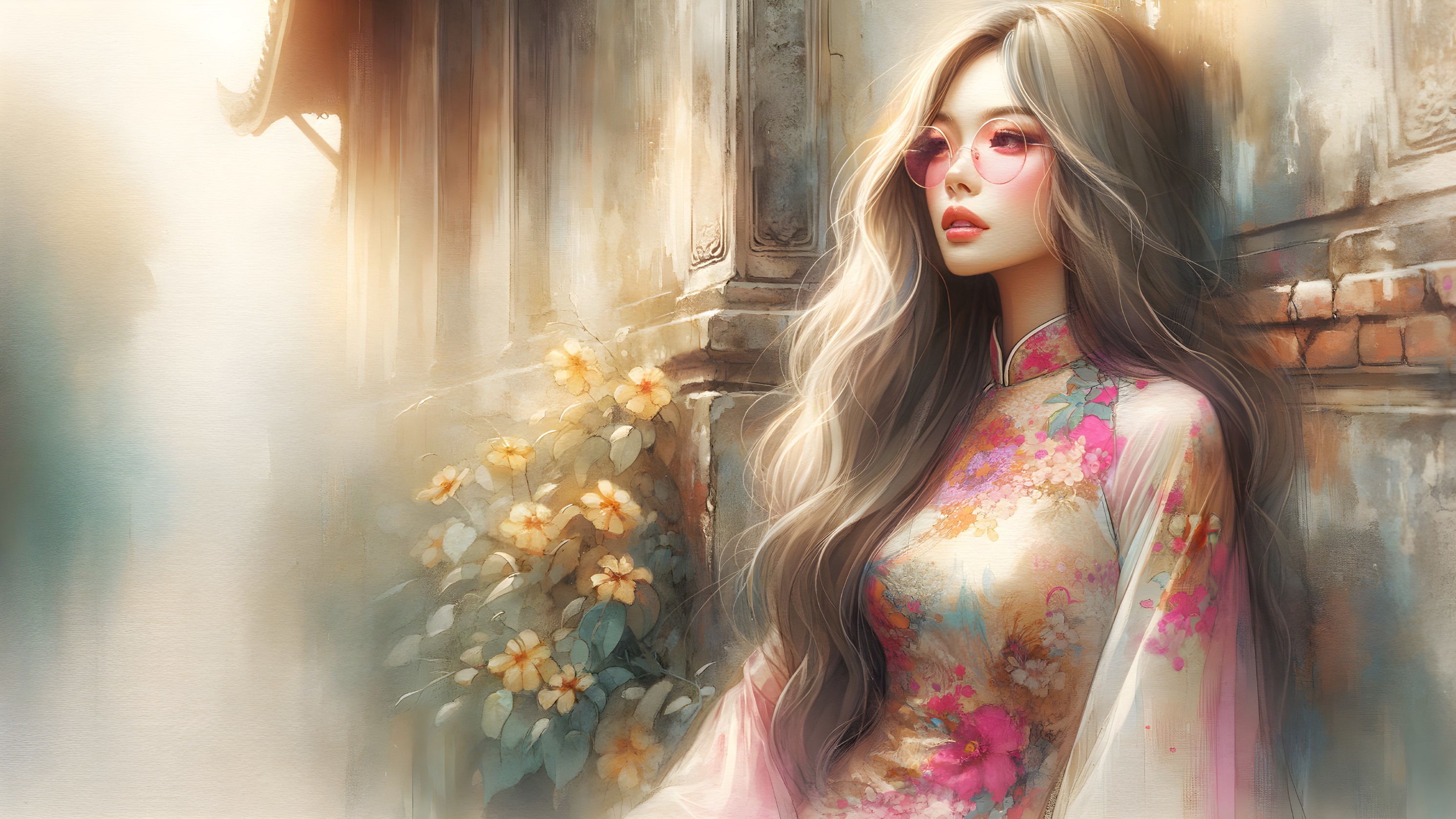 Portrait of a Young Woman in Floral Dress and Sunglasses
