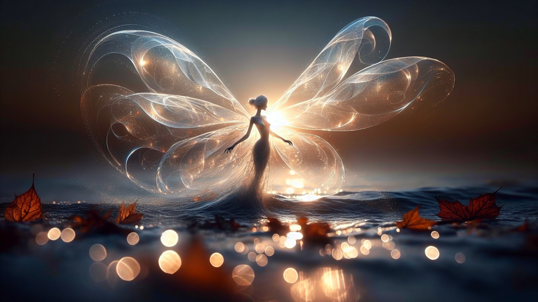 Mystical figure with butterfly wings in serene water
