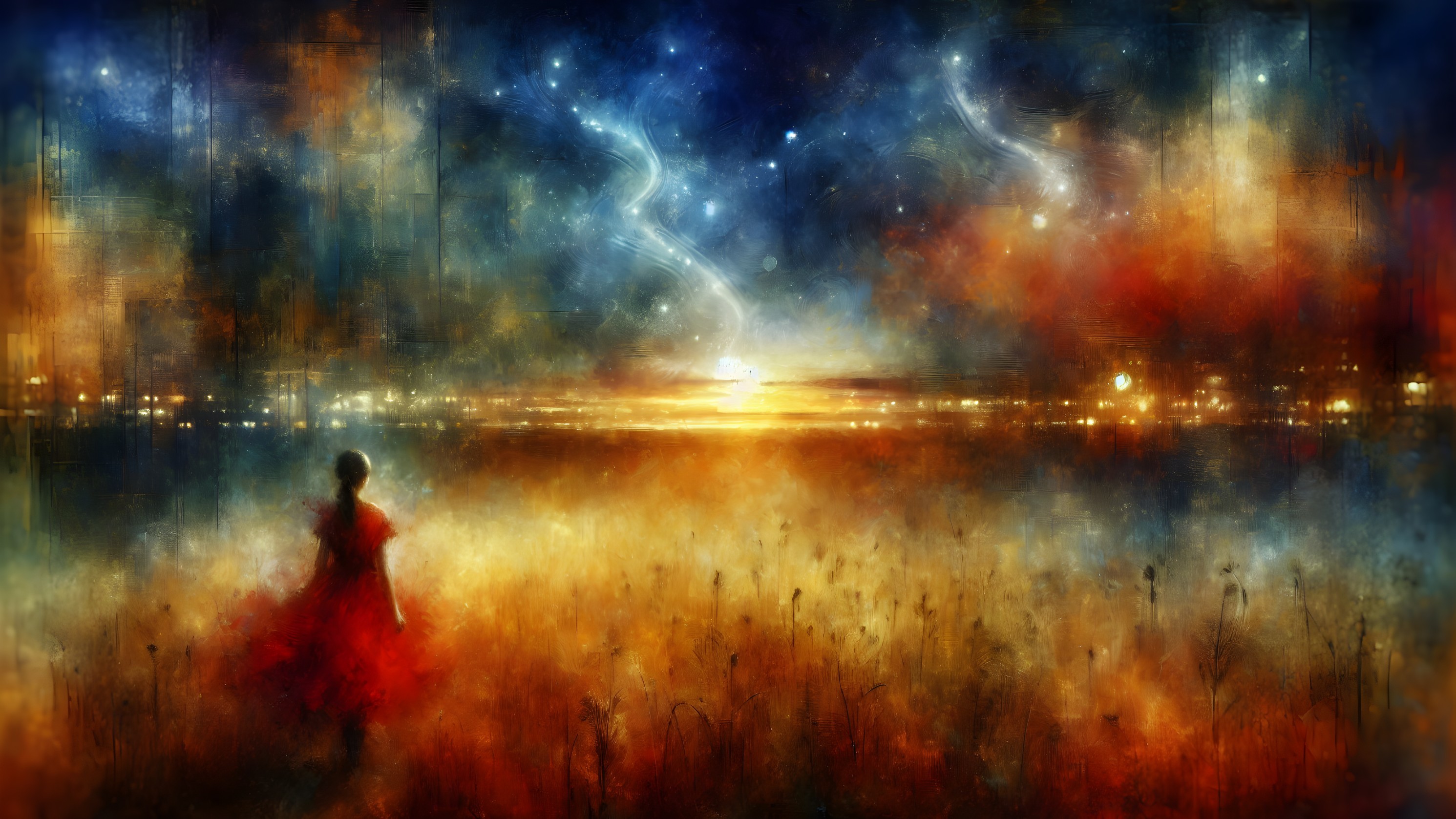 Figure in Red Dress Against Vibrant Sunset Landscape