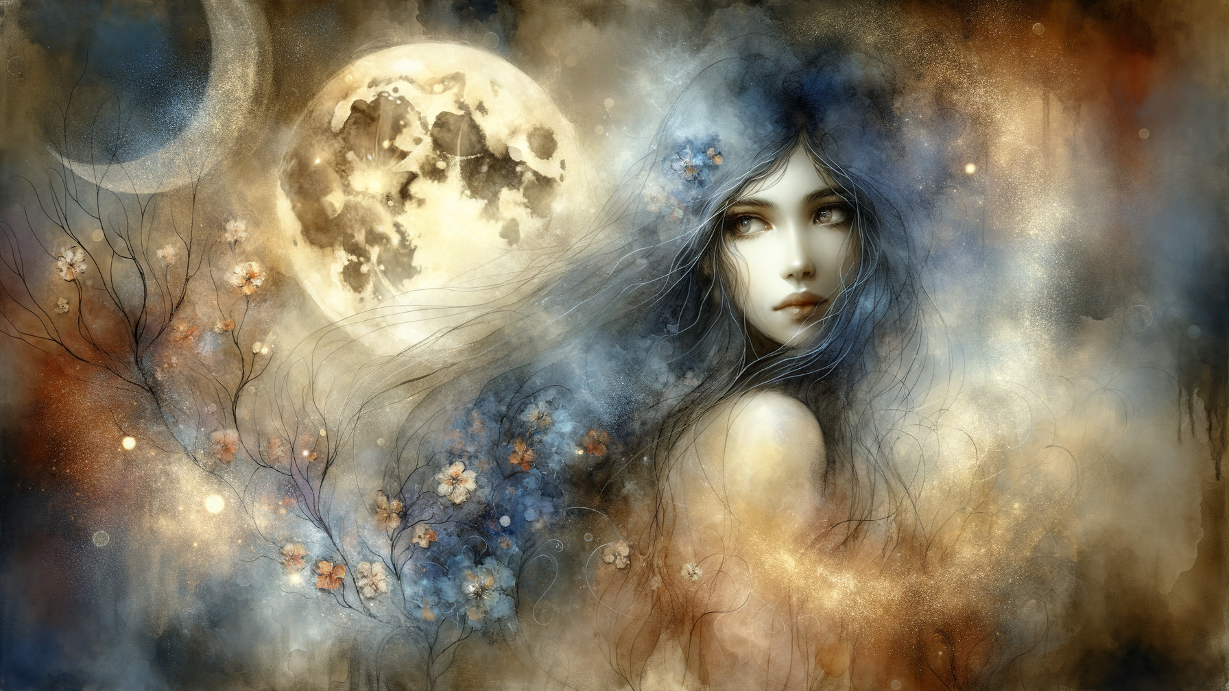 Mystical Woman with Flowers and Full Moon Scene