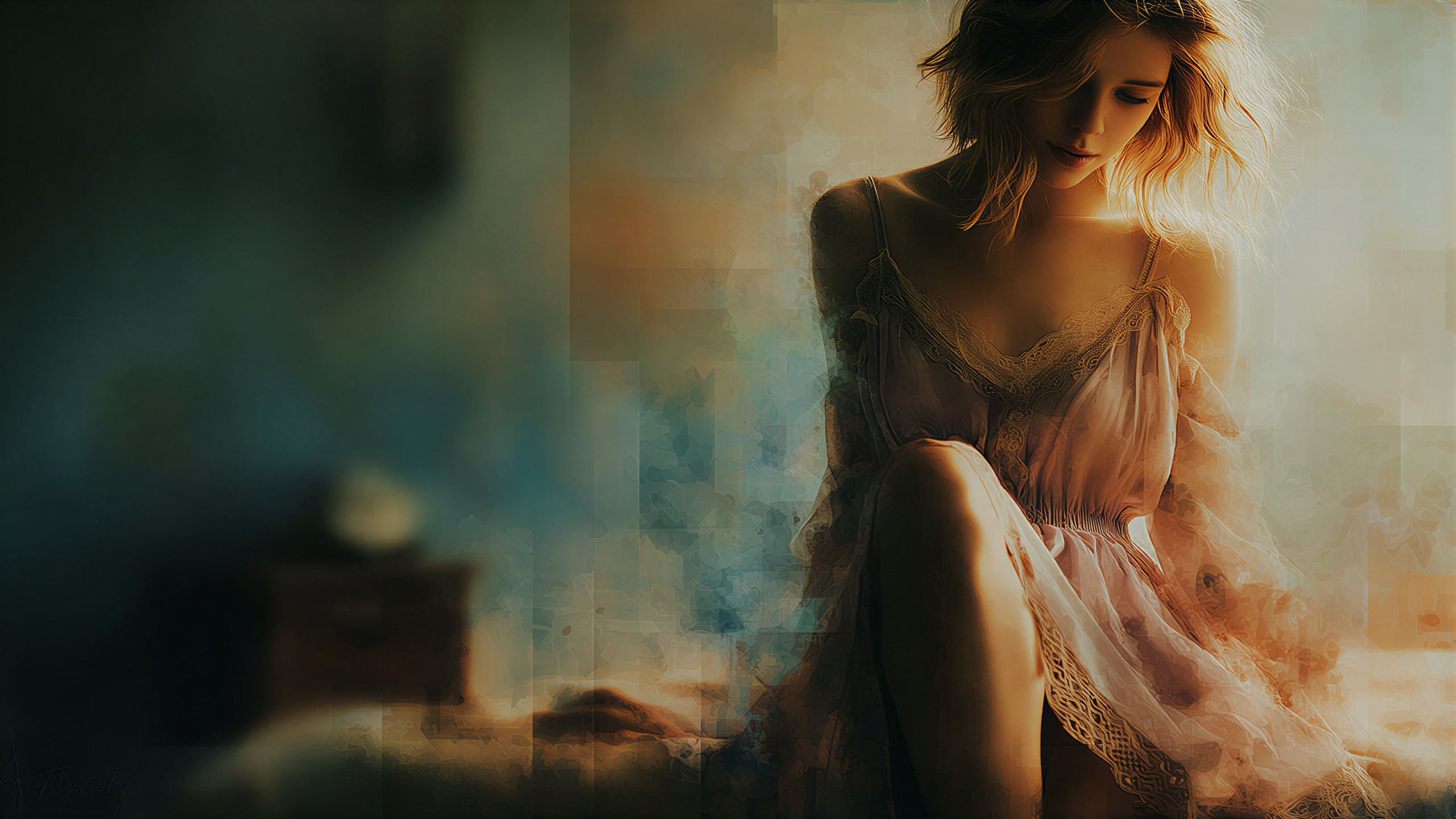 Ethereal Woman in Dimly Lit Dreamy Room