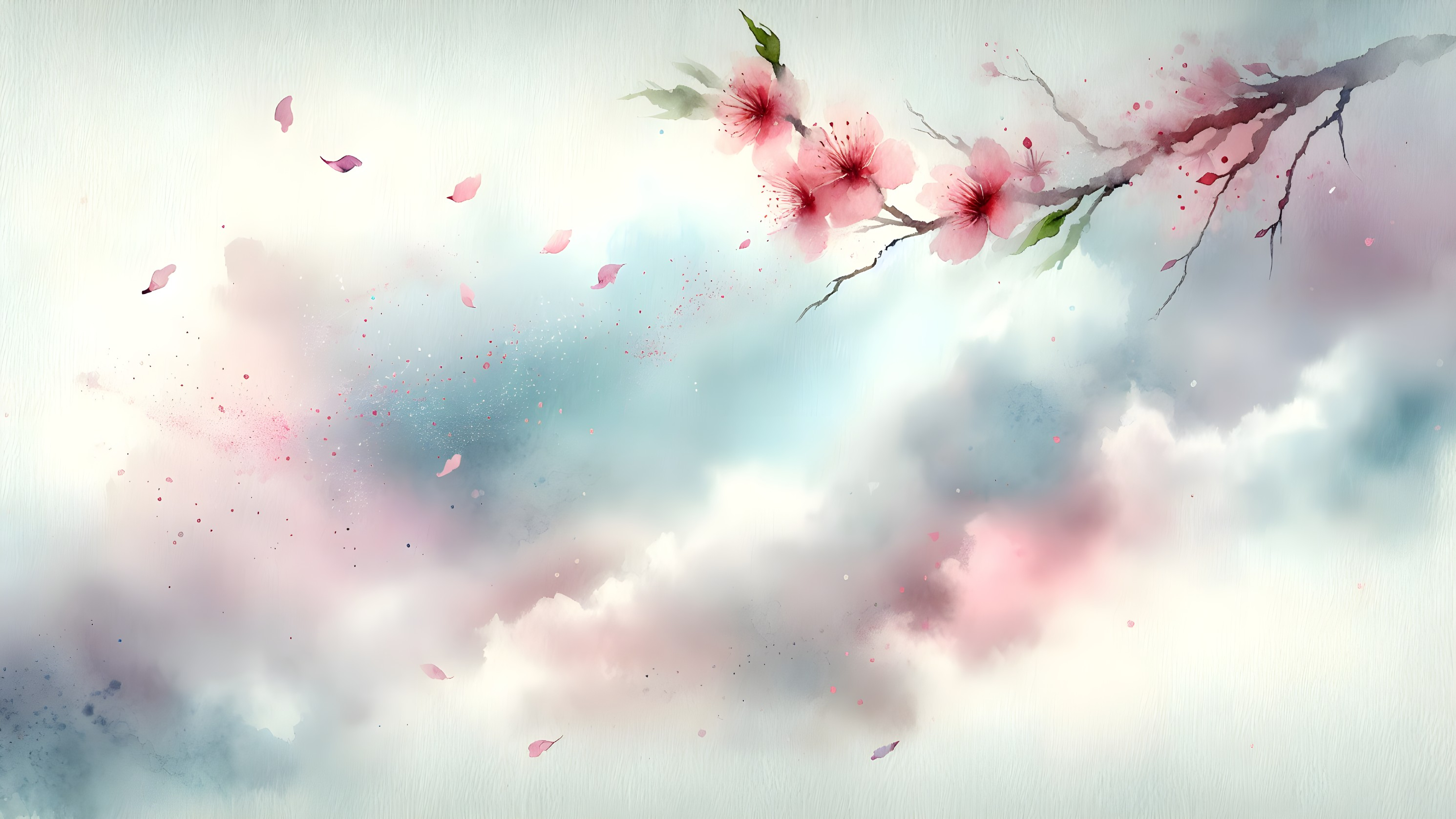 Watercolor Cherry Blossoms on a Bare Branch Scene