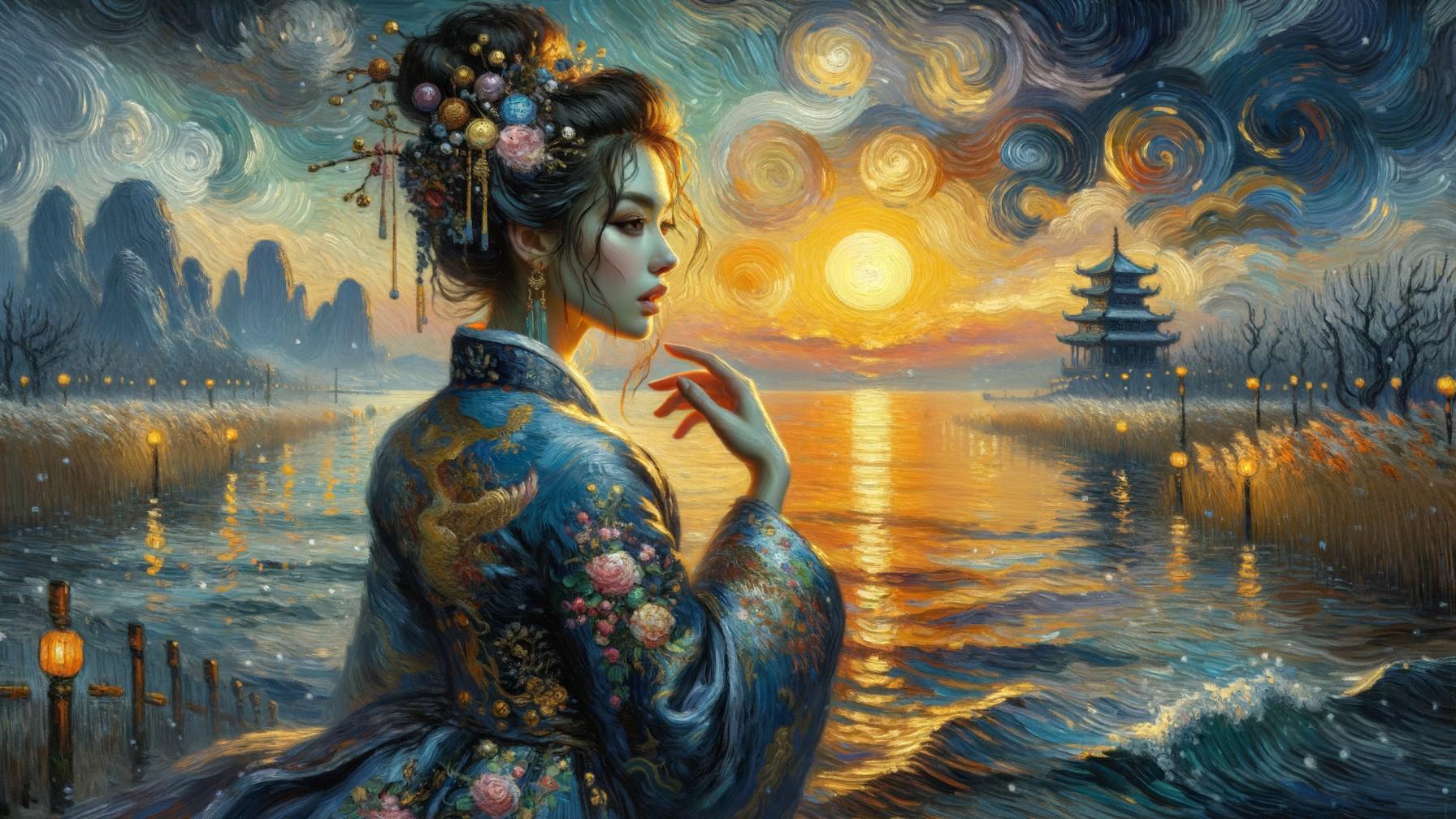 Serene Woman in Blue Kimono at Sunset by Lake