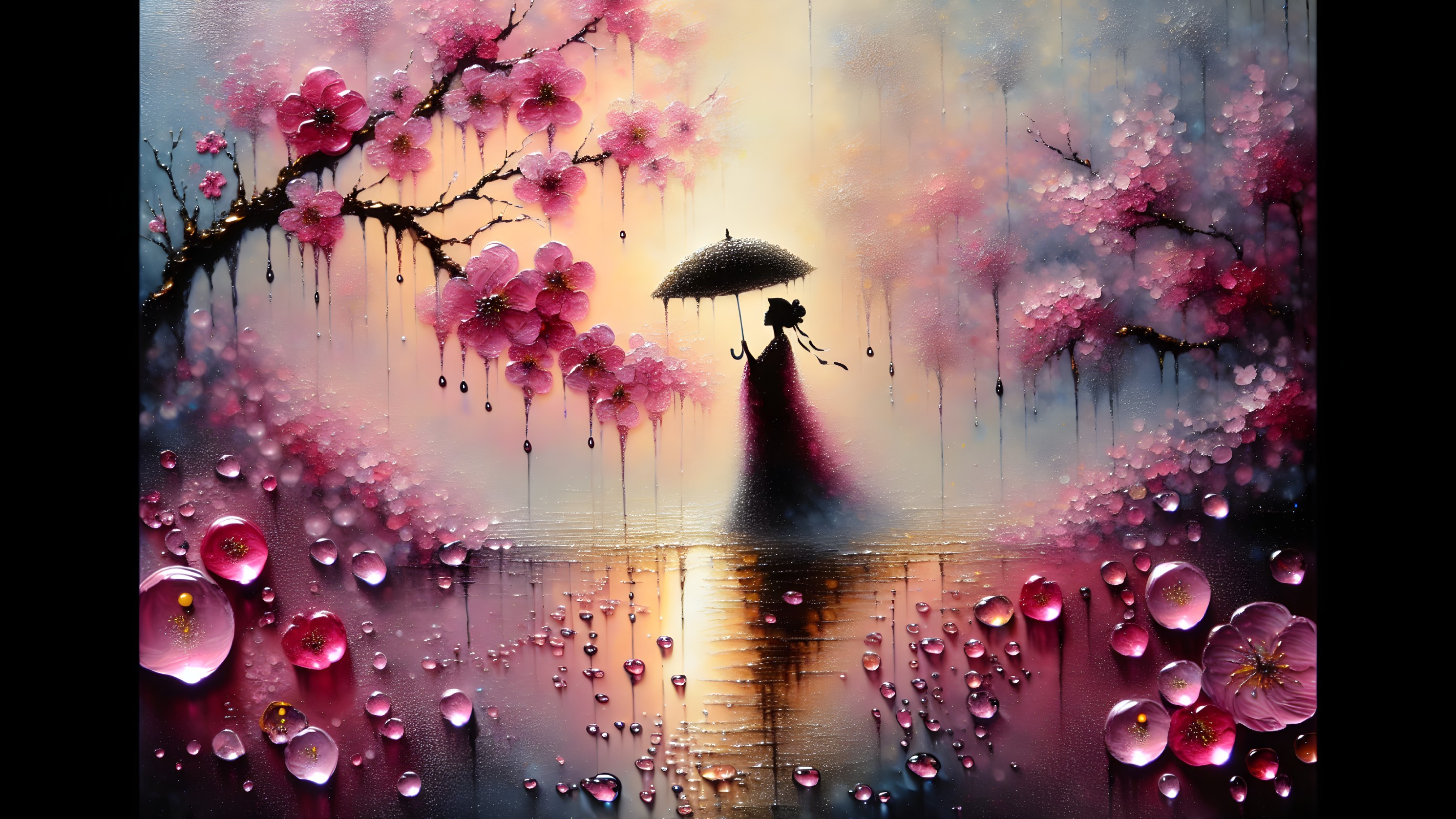 Silhouetted Figure with Umbrella in Cherry Blossom Scene
