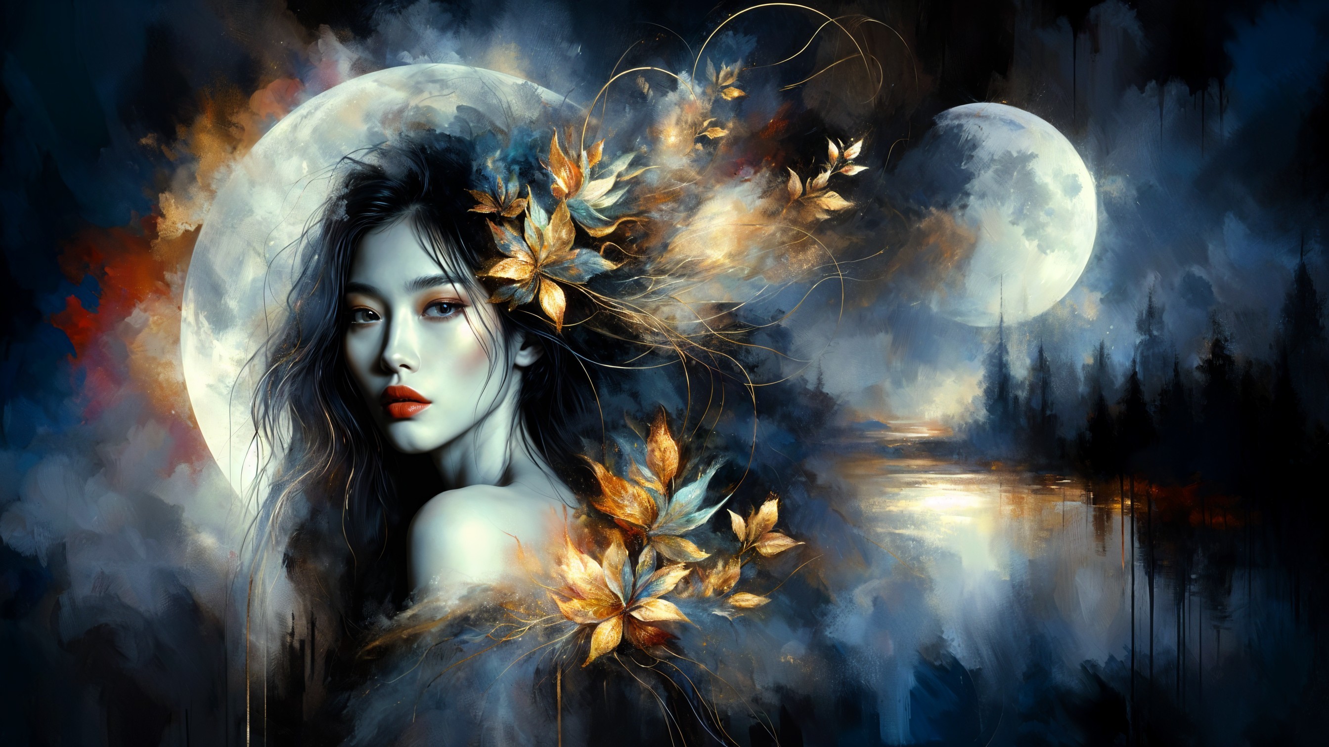 Serene Female Figure with Moons in Mystical Landscape